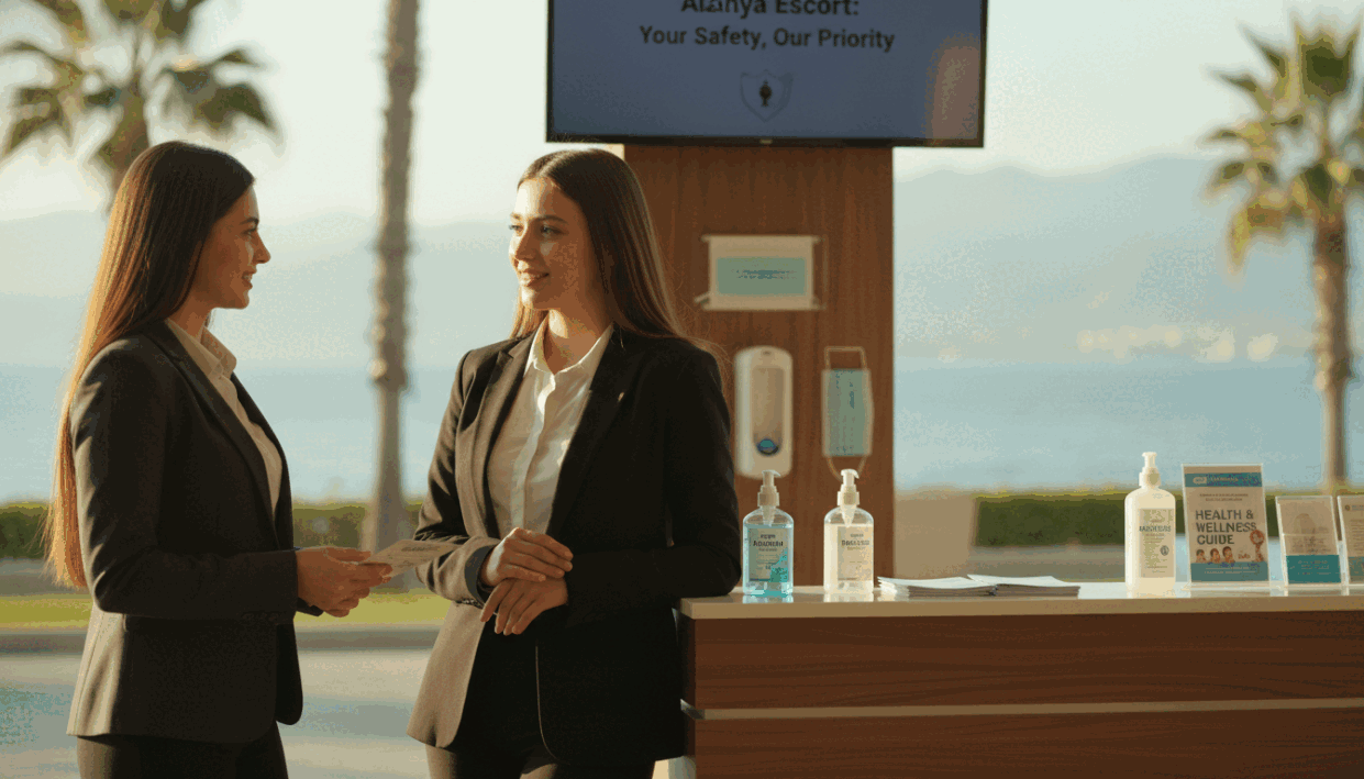 A serene and professional scene depicting young escort service providers in Alanya, demonstrating their health and safety measures. In the foreground, two young women in professional business attire are engaged in a friendly conversation, displaying a sense of camaraderie and trust. The middle ground features elements such as a wellness station with sanitizing supplies and informational brochures about health guidelines, emphasizing safety. In the background, a lush Alanya landscape with soft sunlight filters through, creating a warm and inviting atmosphere. Use a slightly blurred depth of field to focus on the subjects in the foreground. Capture a warm, professional mood, suitable for illustrating "Alanya Escort" services while prioritizing health and safety. A serene and professional scene depicting young escort service providers in Alanya, demonstrating their health and safety measures. In the foreground, two young women in professional business attire are engaged in a friendly conversation, displaying a sense of camaraderie and trust. The middle ground features elements such as a wellness station with sanitizing supplies and informational brochures about health guidelines, emphasizing safety. In the background, a lush Alanya landscape with soft sunlight filters through, creating a warm and inviting atmosphere. Use a slightly blurred depth of field to focus on the subjects in the foreground. Capture a warm, professional mood, suitable for illustrating "Alanya Escort" services while prioritizing health and safety.