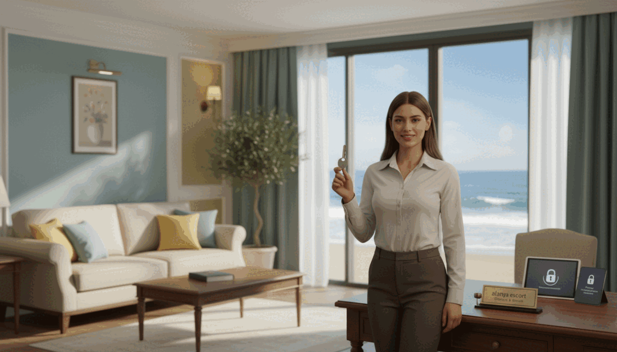 A serene and secure environment representing safety and privacy in Alanya. In the foreground, a professional-looking individual in modest business attire confidently stands with a reassuring smile, symbolizing trust. In the middle, a well-furnished, elegantly designed room with subtle décor emphasizing discretion, such as soft lighting and serene colors, gives an inviting atmosphere. The background showcases a tranquil view of the Alanya coastline, with gentle waves lapping at the shore under a bright blue sky, encapsulating tranquility. The image should convey a sense of peace and professionalism, reflecting the brand "alanya escort" while highlighting security measures and privacy protocols in a sophisticated manner. The overall mood should be calm and reassuring, with soft, warm lighting to enhance the welcoming atmosphere. A serene and secure environment representing safety and privacy in Alanya. In the foreground, a professional-looking individual in modest business attire confidently stands with a reassuring smile, symbolizing trust. In the middle, a well-furnished, elegantly designed room with subtle décor emphasizing discretion, such as soft lighting and serene colors, gives an inviting atmosphere. The background showcases a tranquil view of the Alanya coastline, with gentle waves lapping at the shore under a bright blue sky, encapsulating tranquility. The image should convey a sense of peace and professionalism, reflecting the brand "alanya escort" while highlighting security measures and privacy protocols in a sophisticated manner. The overall mood should be calm and reassuring, with soft, warm lighting to enhance the welcoming atmosphere.