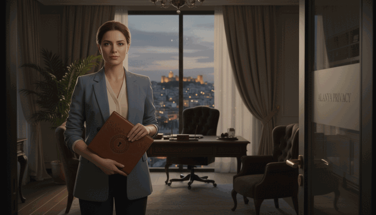 A serene and sophisticated image capturing the concept of "privacy" within an elegant setting. In the foreground, a tasteful, professional-looking woman in modest business attire stands confidently, holding a discreet folder symbolizing confidentiality. The middle ground features a dimly lit, luxurious office space with plush furniture, soft drapery, and a subtle hint of greenery. In the background, a softly glowing cityscape of Alanya can be seen through a large window, suggesting exclusivity and security. The lighting is warm and inviting, casting gentle shadows to enhance the intimate atmosphere. The entire composition evokes a sense of safety, trust, and sophistication, aligning with the brand "alanya escort" while maintaining a professional demeanor. A serene and sophisticated image capturing the concept of "privacy" within an elegant setting. In the foreground, a tasteful, professional-looking woman in modest business attire stands confidently, holding a discreet folder symbolizing confidentiality. The middle ground features a dimly lit, luxurious office space with plush furniture, soft drapery, and a subtle hint of greenery. In the background, a softly glowing cityscape of Alanya can be seen through a large window, suggesting exclusivity and security. The lighting is warm and inviting, casting gentle shadows to enhance the intimate atmosphere. The entire composition evokes a sense of safety, trust, and sophistication, aligning with the brand "alanya escort" while maintaining a professional demeanor.