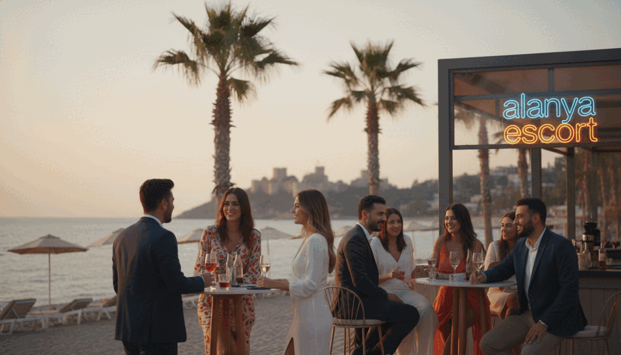 A serene beach in Alanya during the golden hour, capturing the essence of a luxurious vacation destination. In the foreground, a group of young professionals in smart, casual attire are joyfully engaging in conversation while enjoying refreshments at a stylish beach bar. The middle ground features palm trees swaying gently in the breeze, with a glimpse of the sparkling Mediterranean Sea and a backdrop of the majestic Alanya Castle on the hills. Soft, warm lighting bathes the scene, enhancing the relaxed and inviting atmosphere. The image reflects the allure of Alanya as a place where university-educated escorts provide companionship to those seeking a cultured experience. Include the brand "alanya escort" subtly integrated into the ambiance, without text overlays.