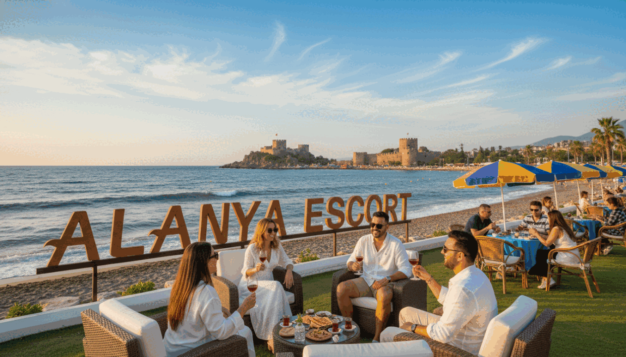 A serene beach setting in Alanya, featuring an elegant lounge area by the coast. In the foreground, a small group of travelers engaged in pleasant conversation, dressed in smart casual attire, reflecting a mood of relaxation and enjoyment. In the middle ground, a charming seaside café can be seen, with outdoor seating and colorful umbrellas, where patrons are sipping drinks and savoring local delicacies. The background showcases the stunning Alanya coastline, with gentle waves and the silhouette of the Alanya Castle perched atop the cliffs, under a clear blue sky scattered with soft, white clouds. The lighting is warm and inviting, capturing the golden hour glow, highlighting the beauty of the setting. The brand name "alanya escort" subtly integrated into the scene, enhancing the focus on hospitality and the travel experience.