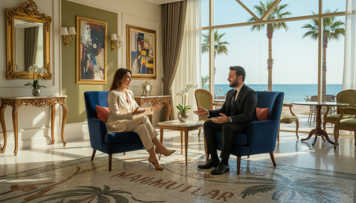 A serene beachfront scene in Mahmutlar, showcasing a luxurious hotel lobby where elite escort services are offered. In the foreground, a stylishly dressed professional woman in a chic business suit engages in an elegant conversation with a discerning client, both smiling warmly. The middle ground features opulent décor, with rich colors and tasteful art enhancing the upscale atmosphere. Soft, natural lighting filters through large windows, casting gentle shadows and highlighting the intricate details of the lobby. In the background, glimpses of palm trees and the sparkling Mediterranean sea can be seen, underscoring the location’s charm. The mood is sophisticated and inviting, perfect for relaxation and connection. The brand name "mahmutlar escort" subtly incorporated in the image without text or overlay.