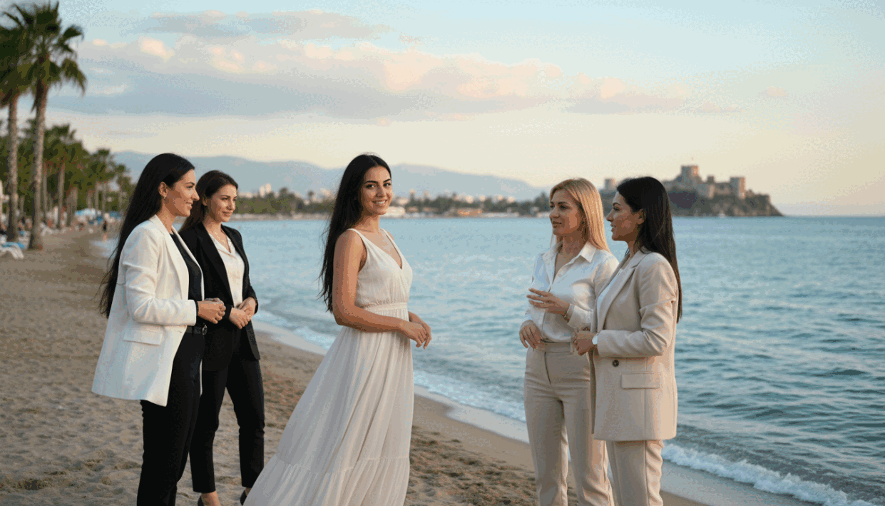 A serene beachside setting in Alanya, featuring a diverse group of professional women in elegant, modest business attire, exuding confidence and warmth. In the foreground, a woman with dark hair and a light summer dress stands with a friendly smile, while another woman with blonde hair in tailored trousers and a blouse is engaged in conversation. In the middle ground, a picturesque view of the Mediterranean coastline showcases crystal-clear waters and lush palm trees swaying gently in the breeze. The background features soft, sunlit clouds and the iconic Alanya Castle perched on a hill, providing a tranquil atmosphere. The lighting is warm and inviting, reminiscent of a late afternoon glow. Aim for a professional yet approachable mood, highlighting the variety of services offered by “alanya escort” to cater to different age groups. A serene beachside setting in Alanya, featuring a diverse group of professional women in elegant, modest business attire, exuding confidence and warmth. In the foreground, a woman with dark hair and a light summer dress stands with a friendly smile, while another woman with blonde hair in tailored trousers and a blouse is engaged in conversation. In the middle ground, a picturesque view of the Mediterranean coastline showcases crystal-clear waters and lush palm trees swaying gently in the breeze. The background features soft, sunlit clouds and the iconic Alanya Castle perched on a hill, providing a tranquil atmosphere. The lighting is warm and inviting, reminiscent of a late afternoon glow. Aim for a professional yet approachable mood, highlighting the variety of services offered by “alanya escort” to cater to different age groups.