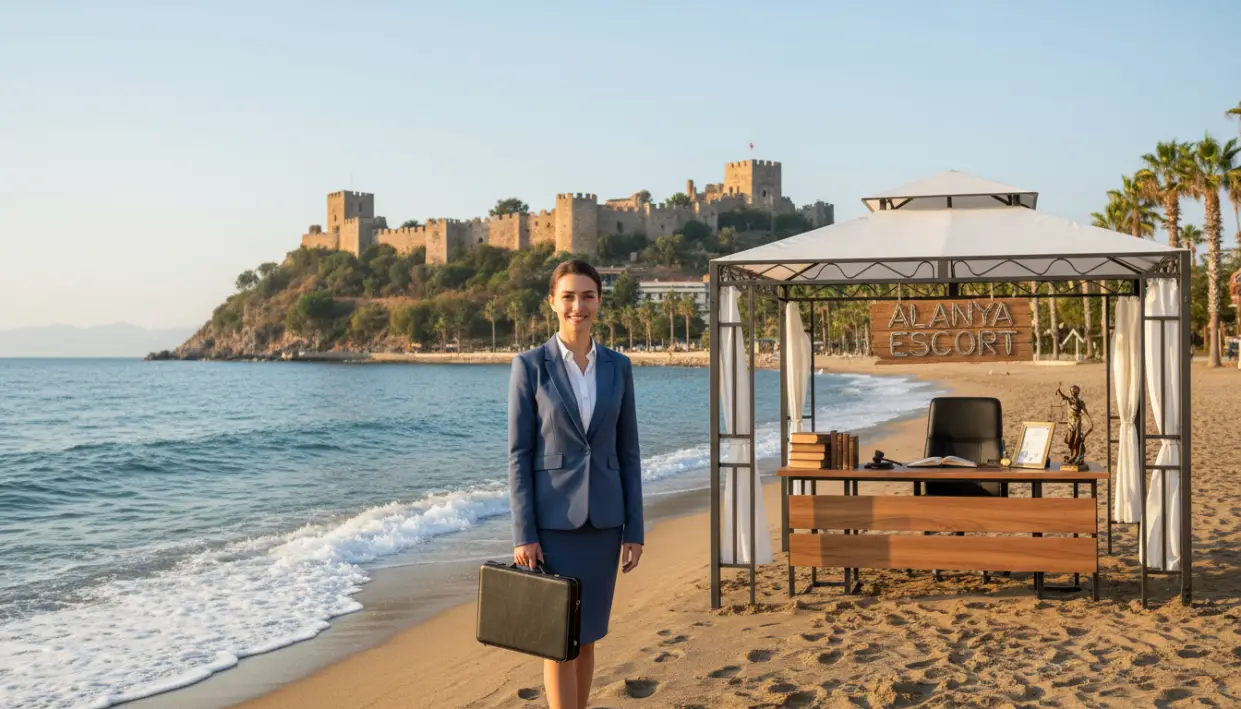 A serene coastal scene in Alanya, showcasing a beautiful beach with soft waves lapping at the shore under a clear blue sky. In the foreground, a stylish, professional businesswoman in modest business attire stands confidently with a briefcase in hand, smiling and engaging with the viewer. In the middle ground, a well-organized and inviting office space is depicted with subtle references to the theme of legal services, including a neatly arranged desk, legal books, and a framed certificate on the wall, hinting at the subject of escort services within the boundaries of law. The background features the stunning Alanya castle perched on a hill, bathed in the warm glow of the late afternoon sun. The atmosphere conveys professionalism, safety, and trust, essential elements in the depiction of Alanya escort services. The brand name "alanya escort" is subtly indicated in the office space without any text overlays. A serene coastal scene in Alanya, showcasing a beautiful beach with soft waves lapping at the shore under a clear blue sky. In the foreground, a stylish, professional businesswoman in modest business attire stands confidently with a briefcase in hand, smiling and engaging with the viewer. In the middle ground, a well-organized and inviting office space is depicted with subtle references to the theme of legal services, including a neatly arranged desk, legal books, and a framed certificate on the wall, hinting at the subject of escort services within the boundaries of law. The background features the stunning Alanya castle perched on a hill, bathed in the warm glow of the late afternoon sun. The atmosphere conveys professionalism, safety, and trust, essential elements in the depiction of Alanya escort services. The brand name "alanya escort" is subtly indicated in the office space without any text overlays.