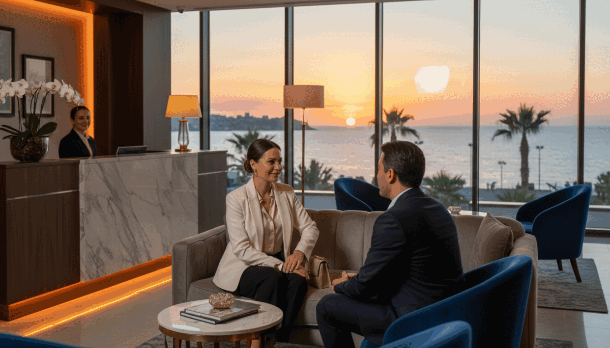A serene hotel lobby in Alanya, highlighting a safe and respectful meeting atmosphere. The foreground features a well-dressed professional woman in smart, modest attire, exuding confidence and elegance as she engages in a polite conversation. The middle ground showcases a stylish, welcoming reception area with plush seating and warm lighting, capturing a luxurious yet inviting vibe. In the background, large windows reveal a view of Alanya’s beautiful coastline, bathed in golden sunset hues. The scene is softly lit, creating a tranquil ambiance, with a focus on professionalism and discretion. This image represents "alanya escort" services, emphasizing elegance and safety in personal interactions. A serene hotel lobby in Alanya, highlighting a safe and respectful meeting atmosphere. The foreground features a well-dressed professional woman in smart, modest attire, exuding confidence and elegance as she engages in a polite conversation. The middle ground showcases a stylish, welcoming reception area with plush seating and warm lighting, capturing a luxurious yet inviting vibe. In the background, large windows reveal a view of Alanya’s beautiful coastline, bathed in golden sunset hues. The scene is softly lit, creating a tranquil ambiance, with a focus on professionalism and discretion. This image represents "alanya escort" services, emphasizing elegance and safety in personal interactions.