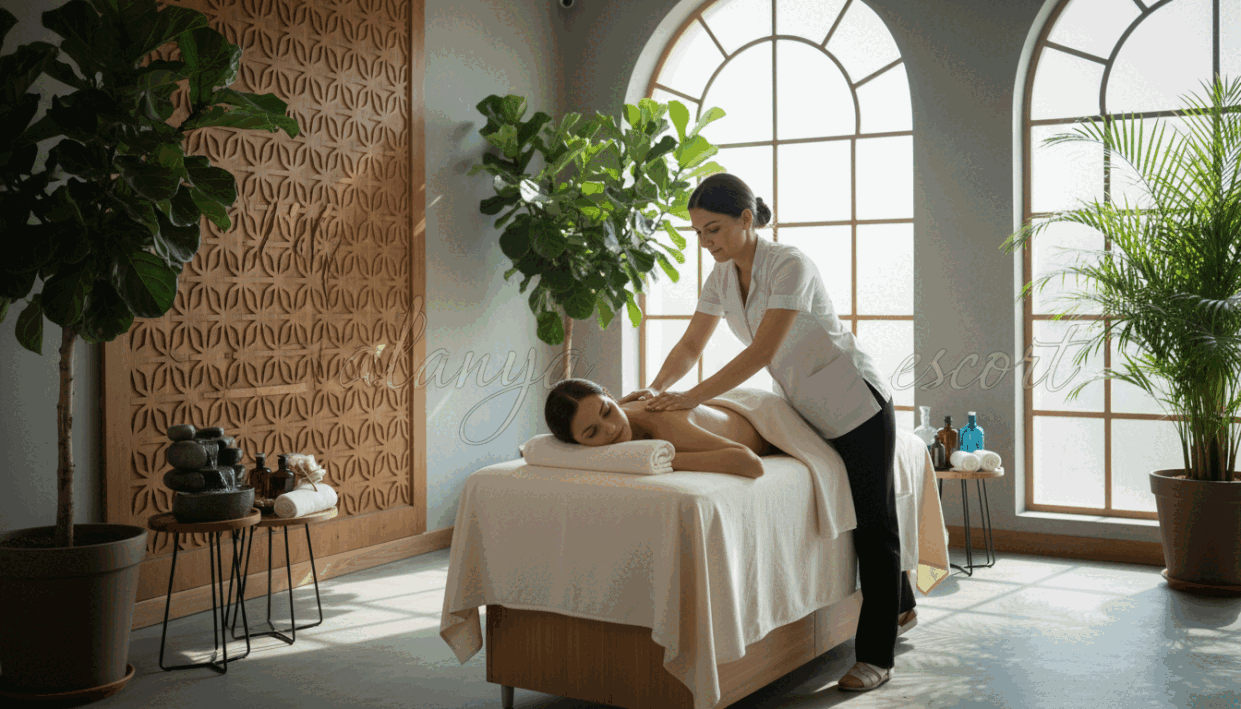 A serene massage therapy scene set in a beautifully designed spa in Alanya. In the foreground, a skilled masseuse with a calming demeanor, dressed in professional attire, is gently massaging a client who is comfortably lying on a massage table, draped modestly. The middle ground features soothing elements like essential oil bottles, soft towels, and a tranquil water feature, enhancing the relaxation atmosphere. In the background, large windows allow natural sunlight to pour in, casting soft shadows and creating a warm, inviting glow. Potted plants add a touch of greenery, reinforcing the peaceful vibe. The composition should evoke a sense of tranquility and healing, emphasizing the benefits of massage therapy. Include the brand name "alanya escort" subtly integrated into the design, with no text overlays. A serene massage therapy scene set in a beautifully designed spa in Alanya. In the foreground, a skilled masseuse with a calming demeanor, dressed in professional attire, is gently massaging a client who is comfortably lying on a massage table, draped modestly. The middle ground features soothing elements like essential oil bottles, soft towels, and a tranquil water feature, enhancing the relaxation atmosphere. In the background, large windows allow natural sunlight to pour in, casting soft shadows and creating a warm, inviting glow. Potted plants add a touch of greenery, reinforcing the peaceful vibe. The composition should evoke a sense of tranquility and healing, emphasizing the benefits of massage therapy. Include the brand name "alanya escort" subtly integrated into the design, with no text overlays.