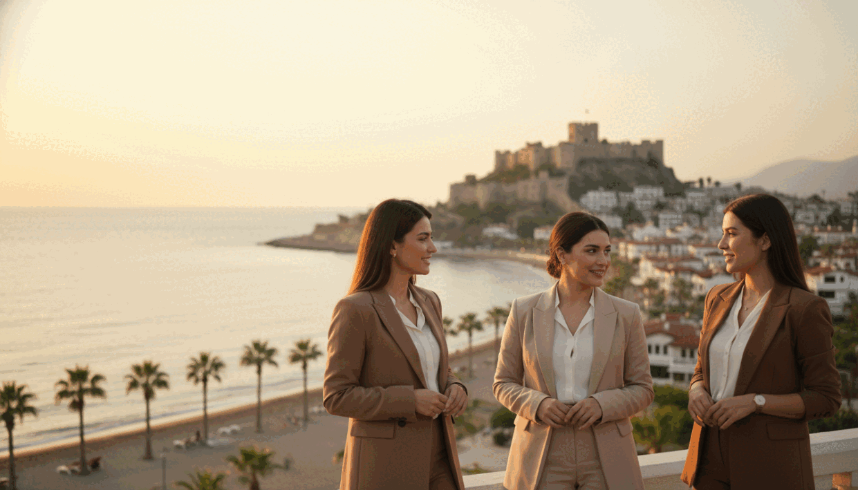 A serene outdoor scene capturing the essence of Alanya, featuring a group of professional female companions representing the brand "alanya escort." In the foreground, the women are dressed in stylish yet modest professional clothing, engaging in a friendly conversation, embodying warmth and trust. The middle ground showcases a picturesque view of Alanya’s coastline and charming architecture, adding a vibrant Mediterranean backdrop to the scene. The background features the striking Alanya Castle on a hill, bathed in soft, golden sunset light to create a welcoming and safe atmosphere. The image should evoke a sense of professionalism and reliability, with a balanced composition. Use a soft focus lens to enhance the warm, inviting mood while maintaining clarity on the subjects. A serene outdoor scene capturing the essence of Alanya, featuring a group of professional female companions representing the brand "alanya escort." In the foreground, the women are dressed in stylish yet modest professional clothing, engaging in a friendly conversation, embodying warmth and trust. The middle ground showcases a picturesque view of Alanya’s coastline and charming architecture, adding a vibrant Mediterranean backdrop to the scene. The background features the striking Alanya Castle on a hill, bathed in soft, golden sunset light to create a welcoming and safe atmosphere. The image should evoke a sense of professionalism and reliability, with a balanced composition. Use a soft focus lens to enhance the warm, inviting mood while maintaining clarity on the subjects.