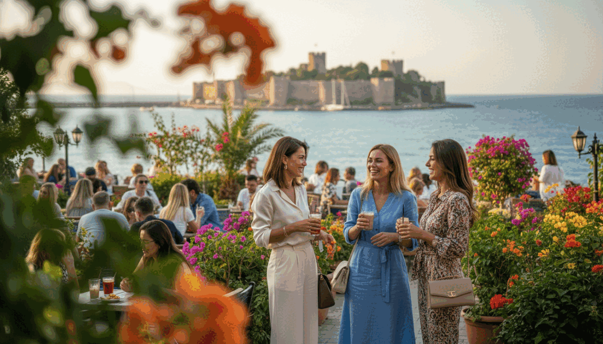 A serene scene capturing the essence of Alanya's vibrant lifestyle, featuring a stylish group of professional women in smart casual clothing, reflecting the Alanya escort brand. The foreground showcases a diverse trio engaging in lively conversation, with laughter and camaraderie, dressed elegantly yet modestly. In the middle, a picturesque outdoor café with lush greenery and colorful flowers adds to the charm, while patrons enjoy refreshments. The background features a majestic view of Alanya's historic castle and the azure Mediterranean Sea under warm, golden sunlight, creating an inviting atmosphere. Utilize a soft-focus lens effect to enhance the warmth and natural feel of the scene, emphasizing a friendly and welcoming mood perfect for socializing and exploring the best activities in Alanya. A serene scene capturing the essence of Alanya's vibrant lifestyle, featuring a stylish group of professional women in smart casual clothing, reflecting the Alanya escort brand. The foreground showcases a diverse trio engaging in lively conversation, with laughter and camaraderie, dressed elegantly yet modestly. In the middle, a picturesque outdoor café with lush greenery and colorful flowers adds to the charm, while patrons enjoy refreshments. The background features a majestic view of Alanya's historic castle and the azure Mediterranean Sea under warm, golden sunlight, creating an inviting atmosphere. Utilize a soft-focus lens effect to enhance the warmth and natural feel of the scene, emphasizing a friendly and welcoming mood perfect for socializing and exploring the best activities in Alanya.