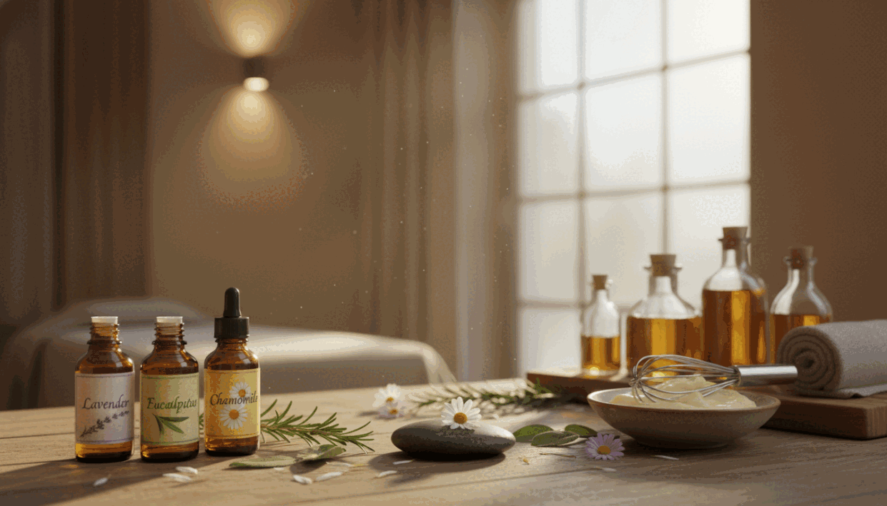 A serene setting depicting various natural massage oils for body care arranged elegantly on a wooden table. The foreground features small bottles filled with essential oils such as lavender, eucalyptus, and chamomile, intricately labeled. In the middle, a smooth, polished stone is surrounded by fresh herbs and delicate flower petals, evoking a spa-like tranquility. The background consists of softly blurred elements of a calming treatment room with warm lighting, creating a cozy atmosphere. The scene is enhanced by gentle rays of sunlight filtering through frosted glass, emphasizing the soothing essence of relaxation. The overall mood is peaceful and inviting, perfect for illustrating the art of massage in the context of wellness. A serene setting depicting various natural massage oils for body care arranged elegantly on a wooden table. The foreground features small bottles filled with essential oils such as lavender, eucalyptus, and chamomile, intricately labeled. In the middle, a smooth, polished stone is surrounded by fresh herbs and delicate flower petals, evoking a spa-like tranquility. The background consists of softly blurred elements of a calming treatment room with warm lighting, creating a cozy atmosphere. The scene is enhanced by gentle rays of sunlight filtering through frosted glass, emphasizing the soothing essence of relaxation. The overall mood is peaceful and inviting, perfect for illustrating the art of massage in the context of wellness.