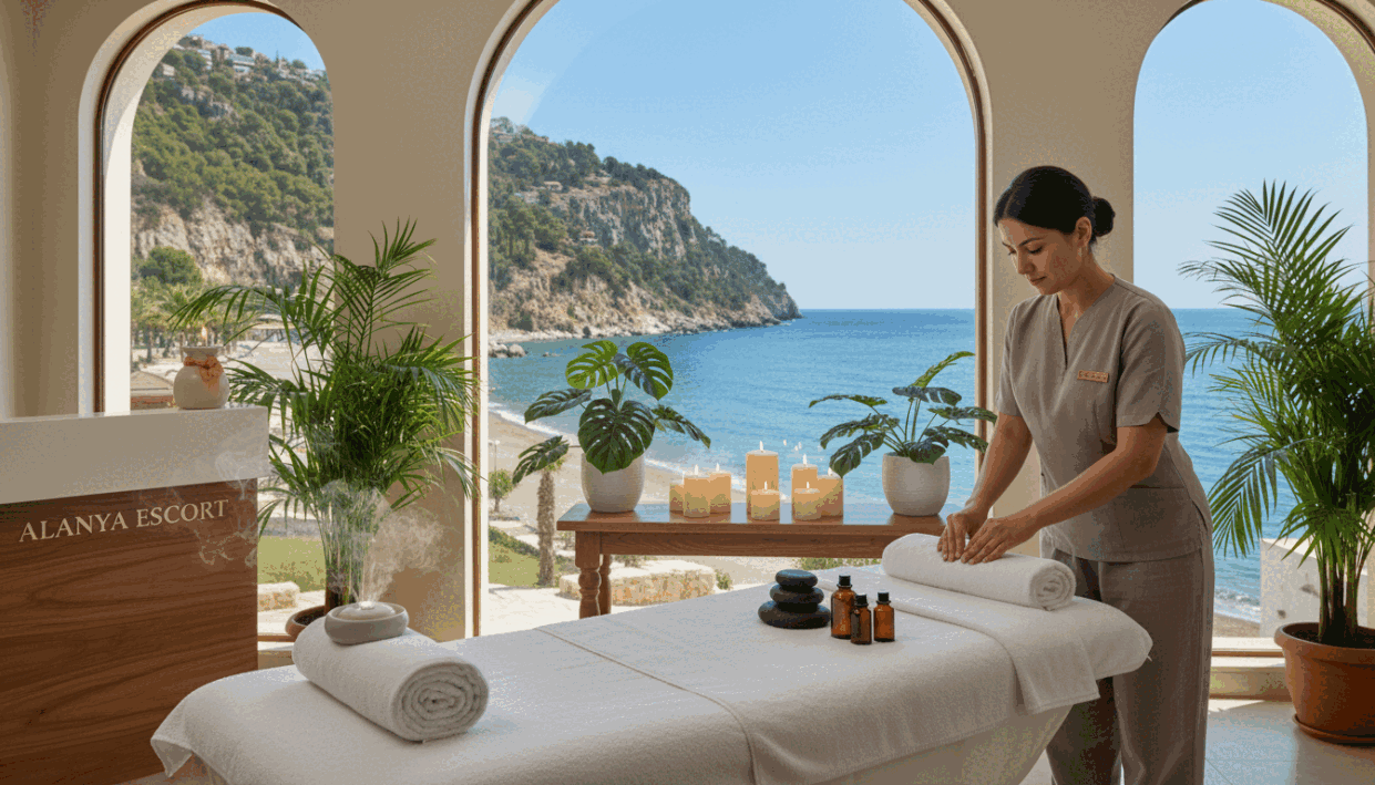 A serene spa setting in Alanya, showcasing a luxurious massage therapy room. In the foreground, a professional massage therapist in modest, professional attire is seen preparing a massage table adorned with soft, fluffy towels and aromatic oils. The middle ground features calming elements such as candles and plants, creating a tranquil atmosphere. In the background, large windows reveal a picturesque view of Alanya's stunning coastline with lush greenery and a clear blue sky, allowing natural light to pour in. The scene conveys a sense of relaxation and serenity, inviting viewers to explore the excellent massage services available. The ambiance is warm and inviting, perfect for wellness seekers. Brand name: "alanya escort". A serene spa setting in Alanya, showcasing a luxurious massage therapy room. In the foreground, a professional massage therapist in modest, professional attire is seen preparing a massage table adorned with soft, fluffy towels and aromatic oils. The middle ground features calming elements such as candles and plants, creating a tranquil atmosphere. In the background, large windows reveal a picturesque view of Alanya's stunning coastline with lush greenery and a clear blue sky, allowing natural light to pour in. The scene conveys a sense of relaxation and serenity, inviting viewers to explore the excellent massage services available. The ambiance is warm and inviting, perfect for wellness seekers. Brand name: "alanya escort".