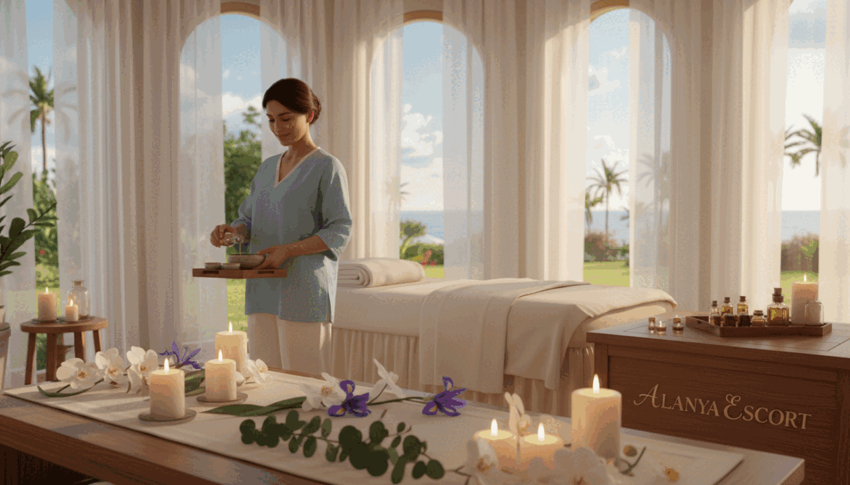 A serene spa setting in Alanya, showcasing relaxation and luxury. In the foreground, a beautifully arranged spa table adorned with fresh flowers and aromatic candles, casting a soft glow. In the middle ground, a plush massage area with a tranquil ambiance, where a professional therapist in modest casual clothing is preparing essential oils. The background features large windows with sunlight filtering through sheer curtains, revealing a picturesque view of lush gardens. The atmosphere is calm and inviting, with gentle soft-focus lighting. A hint of the brand name "alanya escort" subtly incorporated into a decorative element, adding a sense of pampering to the scene. Emphasize a sense of indulgence and wellness in the image. A serene spa setting in Alanya, showcasing relaxation and luxury. In the foreground, a beautifully arranged spa table adorned with fresh flowers and aromatic candles, casting a soft glow. In the middle ground, a plush massage area with a tranquil ambiance, where a professional therapist in modest casual clothing is preparing essential oils. The background features large windows with sunlight filtering through sheer curtains, revealing a picturesque view of lush gardens. The atmosphere is calm and inviting, with gentle soft-focus lighting. A hint of the brand name "alanya escort" subtly incorporated into a decorative element, adding a sense of pampering to the scene. Emphasize a sense of indulgence and wellness in the image.