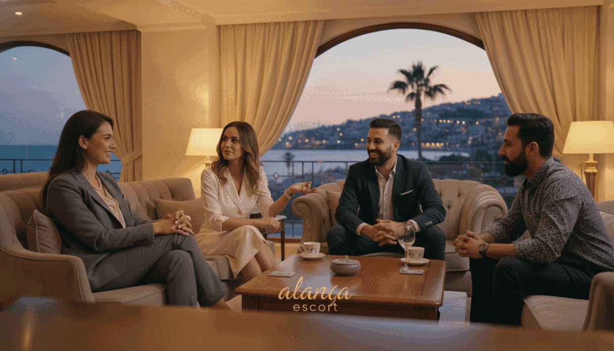 A serene, upscale lounge setting in Alanya, with a warm, inviting atmosphere. In the foreground, a professional woman dressed in elegant business attire, exuding confidence while engaging with a diverse group of well-dressed clients in a casual discussion. The middle ground features tasteful decor with plush seating and soft lighting that creates a welcoming ambiance. In the background, an artfully arranged window showcases a glimpse of the beautiful Alanya coast, enhancing the cultural richness of the scene. The lighting is soft, with a focus on warm tones to evoke a sense of comfort and sophistication. The composition's angle captures the intimate vibe of interaction, reflecting a professional escort service experience while subtly representing "alanya escort". A serene, upscale lounge setting in Alanya, with a warm, inviting atmosphere. In the foreground, a professional woman dressed in elegant business attire, exuding confidence while engaging with a diverse group of well-dressed clients in a casual discussion. The middle ground features tasteful decor with plush seating and soft lighting that creates a welcoming ambiance. In the background, an artfully arranged window showcases a glimpse of the beautiful Alanya coast, enhancing the cultural richness of the scene. The lighting is soft, with a focus on warm tones to evoke a sense of comfort and sophistication. The composition's angle captures the intimate vibe of interaction, reflecting a professional escort service experience while subtly representing "alanya escort".