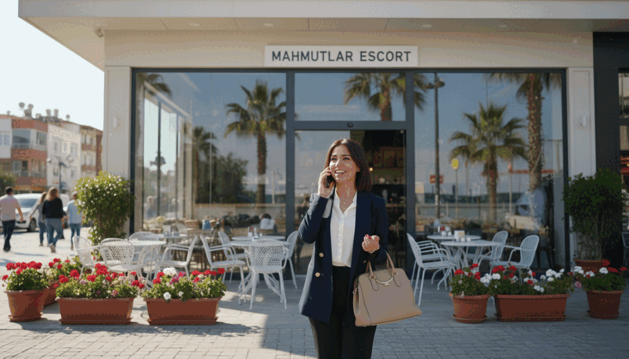 A serene urban street in Mahmutlar, showcasing a modern café with large windows, inviting passersby to enjoy their time. In the foreground, a stylishly dressed woman in professional attire stands with a friendly smile, holding a smartphone as she engages in conversation. She exudes confidence and warmth, embodying a welcoming atmosphere. The middle ground features quaint outdoor seating with vibrant flower pots, enhancing the inviting vibe. A clear blue sky and soft sunlight illuminate the scene, casting gentle shadows and creating a cheerful mood. In the background, palm trees sway slightly, hinting at the coastal location, while the brand name "mahmutlar escort" subtly integrates into the architecture. The overall ambiance reflects connection and professionalism, ideal for the theme of communication in an exciting setting. A serene urban street in Mahmutlar, showcasing a modern café with large windows, inviting passersby to enjoy their time. In the foreground, a stylishly dressed woman in professional attire stands with a friendly smile, holding a smartphone as she engages in conversation. She exudes confidence and warmth, embodying a welcoming atmosphere. The middle ground features quaint outdoor seating with vibrant flower pots, enhancing the inviting vibe. A clear blue sky and soft sunlight illuminate the scene, casting gentle shadows and creating a cheerful mood. In the background, palm trees sway slightly, hinting at the coastal location, while the brand name "mahmutlar escort" subtly integrates into the architecture. The overall ambiance reflects connection and professionalism, ideal for the theme of communication in an exciting setting.