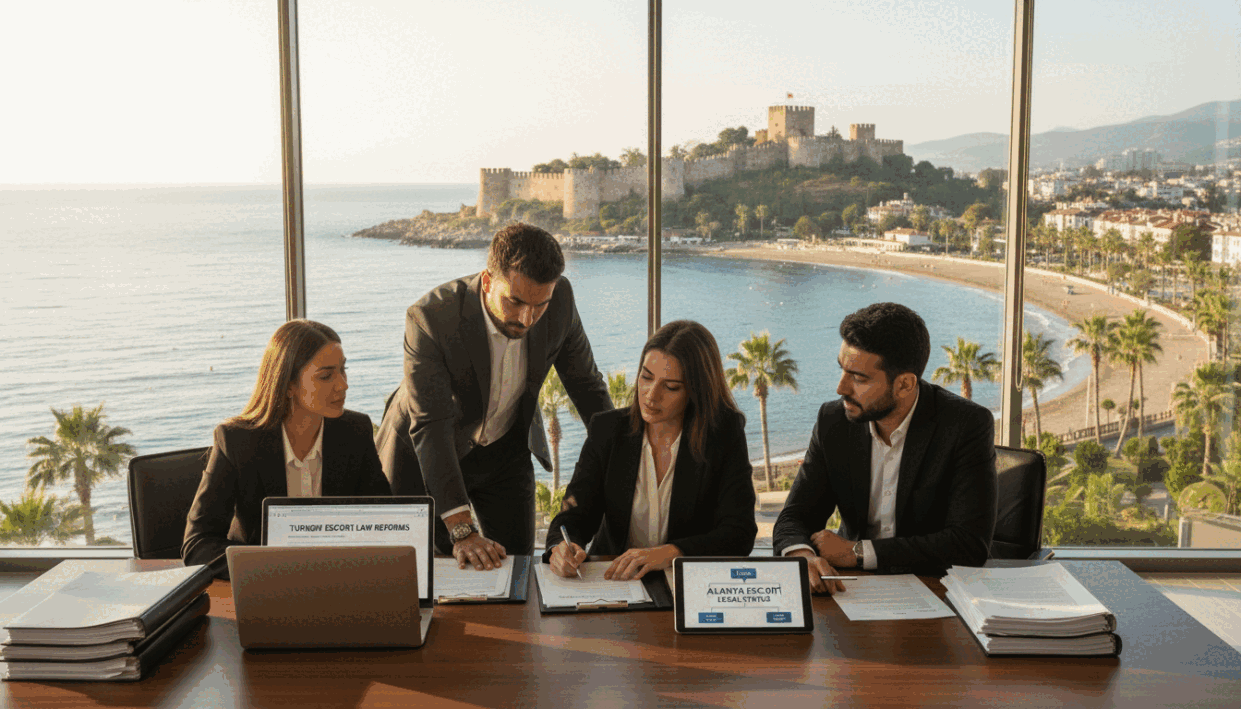 A serene view of Alanya, Turkey, capturing its stunning coastal landscapes and iconic architecture. In the foreground, a modern office setting with a stylish desk, sleek laptop, and professional documents related to the local escort laws. A diverse group of individuals dressed in smart, professional attire engage in a discussion, reflecting a serious approach to the topic. The middle ground features the beautiful Alanya Castle overlooking the coastline, surrounded by lush greenery and the sparkling Mediterranean Sea. Soft, natural lighting illuminates the scene, creating a calm and informative atmosphere. The image should promote an understanding of the legal status of escorts in Turkey with a focus on professionalism and respect, subtly incorporating the brand name "alanya escort" within the context of the discussion.