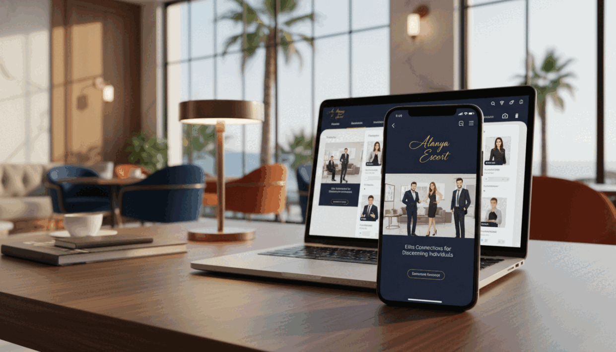 A sleek and modern interface of an online escort service platform called "Alanya Escort." The foreground features a smartphone displaying the application's homepage, showcasing elegant graphics of professional business figures in formal attire engaged in conversation. The middle ground includes a stylish laptop on a sophisticated desk with warm lighting that adds a cozy yet upscale ambiance. In the background, a chic café setting in Alanya with palm trees and vibrant colors suggests a luxurious lifestyle. The overall mood is inviting and professional, capturing the essence of elite services. Soft, diffused lighting enhances the scene, creating an atmosphere of elegance and sophistication, perfect for attracting clients seeking premium escort services. A sleek and modern interface of an online escort service platform called "Alanya Escort." The foreground features a smartphone displaying the application's homepage, showcasing elegant graphics of professional business figures in formal attire engaged in conversation. The middle ground includes a stylish laptop on a sophisticated desk with warm lighting that adds a cozy yet upscale ambiance. In the background, a chic café setting in Alanya with palm trees and vibrant colors suggests a luxurious lifestyle. The overall mood is inviting and professional, capturing the essence of elite services. Soft, diffused lighting enhances the scene, creating an atmosphere of elegance and sophistication, perfect for attracting clients seeking premium escort services.