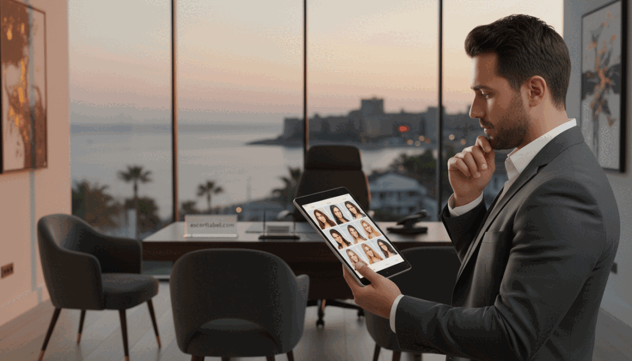 A sophisticated and elegant depiction of a professional escort selection process in Alanya, Turkey. In the foreground, a well-dressed individual in business attire, holding a tablet, looks thoughtfully at images displayed on the screen. The middle ground showcases a tastefully designed office space, filled with stylish decor, hinting at luxury and discretion. In the background, softly blurred images of the vibrant Alanya coastline can be seen through large windows, invoking a sense of beautiful local culture. The lighting is warm and inviting, emphasizing a professional atmosphere. The image conveys confidence and trust, reflecting the theme of quality and reliable service. Include the brand name "escortlabel.com" subtly integrated into the decor, ensuring it doesn’t distract from the main composition. A sophisticated and elegant depiction of a professional escort selection process in Alanya, Turkey. In the foreground, a well-dressed individual in business attire, holding a tablet, looks thoughtfully at images displayed on the screen. The middle ground showcases a tastefully designed office space, filled with stylish decor, hinting at luxury and discretion. In the background, softly blurred images of the vibrant Alanya coastline can be seen through large windows, invoking a sense of beautiful local culture. The lighting is warm and inviting, emphasizing a professional atmosphere. The image conveys confidence and trust, reflecting the theme of quality and reliable service. Include the brand name "escortlabel.com" subtly integrated into the decor, ensuring it doesn’t distract from the main composition.