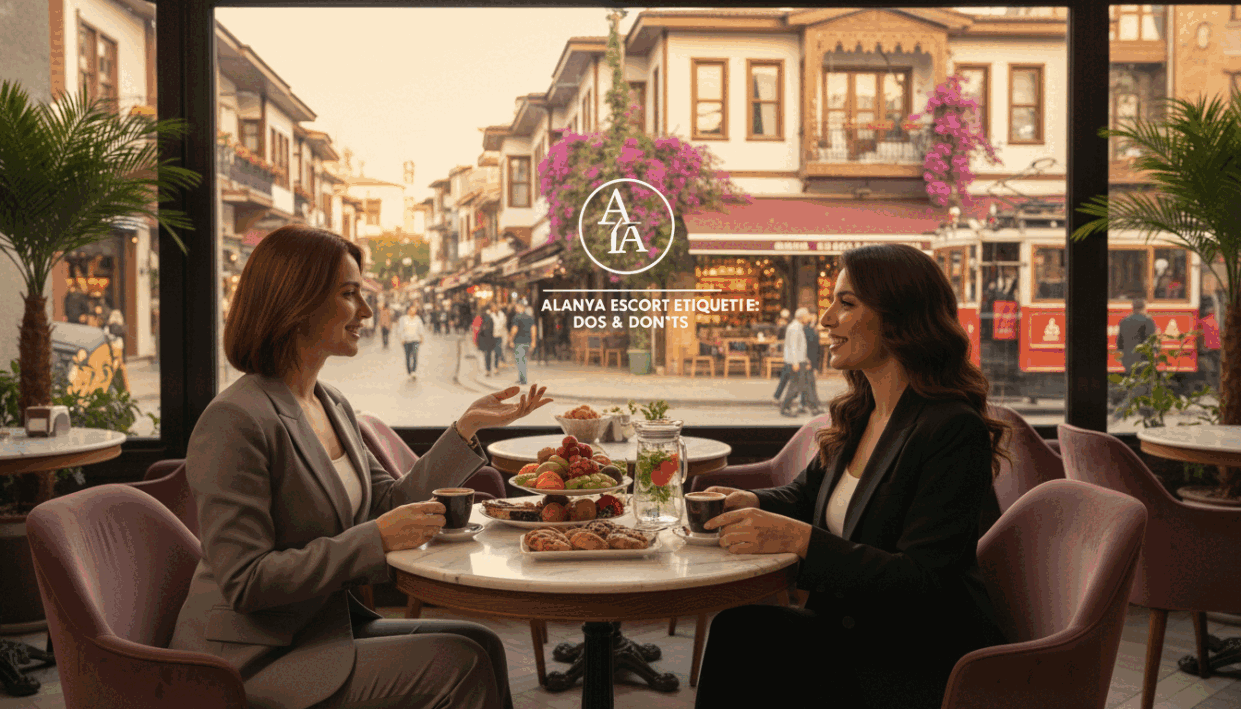 A sophisticated and elegant scene depicting multiple independent escorts in a welcoming setting, emphasizing polite interaction and courteous behavior. The foreground features two well-dressed women in professional business attire, engaging in a friendly conversation, with relaxed yet attentive expressions. The middle ground includes a stylish café with tasteful decor, showcasing a round table with refreshments, symbolizing a comfortable atmosphere for social interaction. The background reveals a bustling street in Alanya, with vibrant colors and charming architecture, hinting at the local culture. The scene is illuminated by warm, soft lighting, creating an inviting and respectful ambiance. The overall mood conveys professionalism, grace, and the essence of "alanya escort" etiquette, with a focus on the dos and don'ts of interaction. A sophisticated and elegant scene depicting multiple independent escorts in a welcoming setting, emphasizing polite interaction and courteous behavior. The foreground features two well-dressed women in professional business attire, engaging in a friendly conversation, with relaxed yet attentive expressions. The middle ground includes a stylish café with tasteful decor, showcasing a round table with refreshments, symbolizing a comfortable atmosphere for social interaction. The background reveals a bustling street in Alanya, with vibrant colors and charming architecture, hinting at the local culture. The scene is illuminated by warm, soft lighting, creating an inviting and respectful ambiance. The overall mood conveys professionalism, grace, and the essence of "alanya escort" etiquette, with a focus on the dos and don'ts of interaction.