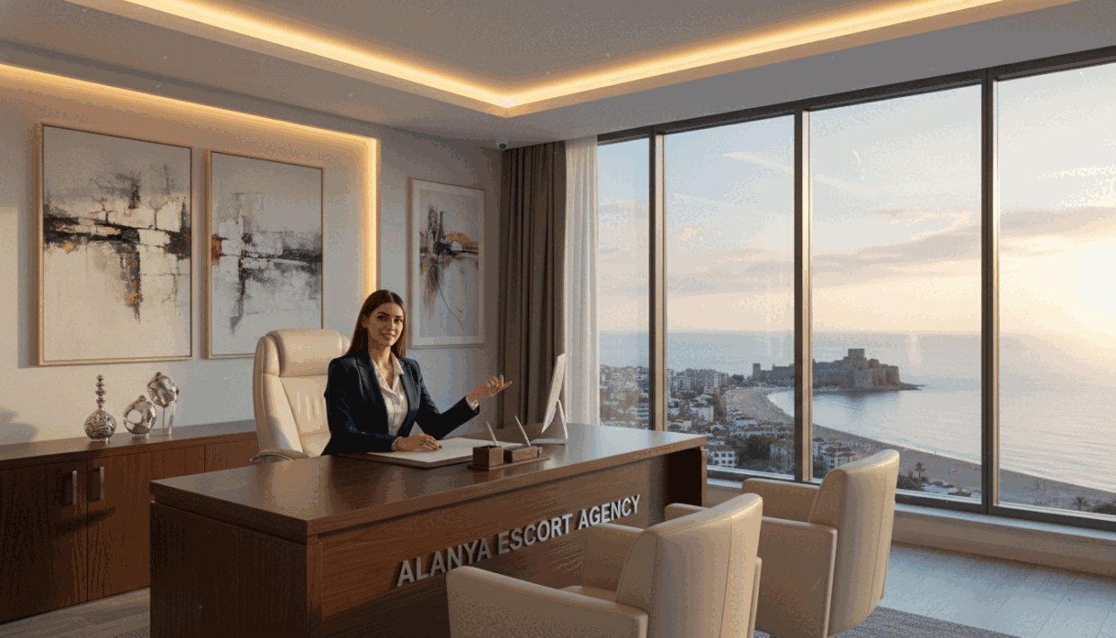A sophisticated and elegant scene showcasing an "Alanya Escort" agency office. In the foreground, a professional consultation area with a sleek, modern desk and luxurious chairs, featuring a well-dressed hostess in a smart business suit, exuding confidence and warmth. The middle ground reveals tastefully decorated walls with subtle artwork, and soft mood lighting creating an inviting ambiance. In the background, large windows provide a glimpse of Alanya's picturesque coastal views, with the sun setting on the horizon, casting a golden glow throughout the room. The overall atmosphere is upscale, discreet, and welcoming, emphasizing the professionalism and elegance of the service offered. The composition should be captured from a slightly elevated angle to provide depth and visual interest. A sophisticated and elegant scene showcasing an "Alanya Escort" agency office. In the foreground, a professional consultation area with a sleek, modern desk and luxurious chairs, featuring a well-dressed hostess in a smart business suit, exuding confidence and warmth. The middle ground reveals tastefully decorated walls with subtle artwork, and soft mood lighting creating an inviting ambiance. In the background, large windows provide a glimpse of Alanya's picturesque coastal views, with the sun setting on the horizon, casting a golden glow throughout the room. The overall atmosphere is upscale, discreet, and welcoming, emphasizing the professionalism and elegance of the service offered. The composition should be captured from a slightly elevated angle to provide depth and visual interest.