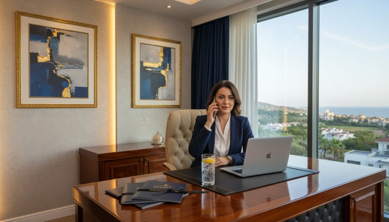 A sophisticated and inviting interior of a luxurious office suite reflects the elite escort agency services in Konaklı. In the foreground, a polished wooden desk showcases an elegant laptop, business brochures labeled "Konaklı Escort," and a refreshing drink. A professional woman in business attire sits confidently, engaged in a phone conversation, embodying professionalism and trust. The middle of the image features tasteful decorations, such as framed abstract art and subtle lighting that creates a warm atmosphere. In the background, a large window reveals a beautiful view of Konaklı, with its serene landscapes under soft sunlight. The overall mood conveys exclusivity, professionalism, and approachability, highlighting the importance of choosing the right escort service. A sophisticated and inviting interior of a luxurious office suite reflects the elite escort agency services in Konaklı. In the foreground, a polished wooden desk showcases an elegant laptop, business brochures labeled "Konaklı Escort," and a refreshing drink. A professional woman in business attire sits confidently, engaged in a phone conversation, embodying professionalism and trust. The middle of the image features tasteful decorations, such as framed abstract art and subtle lighting that creates a warm atmosphere. In the background, a large window reveals a beautiful view of Konaklı, with its serene landscapes under soft sunlight. The overall mood conveys exclusivity, professionalism, and approachability, highlighting the importance of choosing the right escort service.