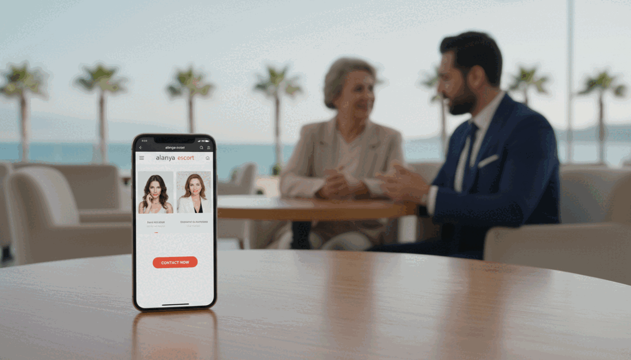 A sophisticated and inviting scene representing the communication and reservation process for mature escort services in Alanya. In the foreground, a sleek modern smartphone displays the "alanya escort" website with a clean and user-friendly interface, featuring elegant images and a vibrant contact button. In the middle ground, an upscale café setting with warm lighting and tasteful decor emphasizes a welcoming atmosphere, where a professional individual in smart business attire is engaged in a conversation with a customer. In the background, lush palm trees and the hints of the beautiful Mediterranean coastline create a serene ambiance. The image should utilize soft, diffused lighting to convey comfort and approachability, with a slight depth-of-field effect to draw attention to the smartphone and people interacting, evoking a mood of professionalism and sophistication. A sophisticated and inviting scene representing the communication and reservation process for mature escort services in Alanya. In the foreground, a sleek modern smartphone displays the "alanya escort" website with a clean and user-friendly interface, featuring elegant images and a vibrant contact button. In the middle ground, an upscale café setting with warm lighting and tasteful decor emphasizes a welcoming atmosphere, where a professional individual in smart business attire is engaged in a conversation with a customer. In the background, lush palm trees and the hints of the beautiful Mediterranean coastline create a serene ambiance. The image should utilize soft, diffused lighting to convey comfort and approachability, with a slight depth-of-field effect to draw attention to the smartphone and people interacting, evoking a mood of professionalism and sophistication.