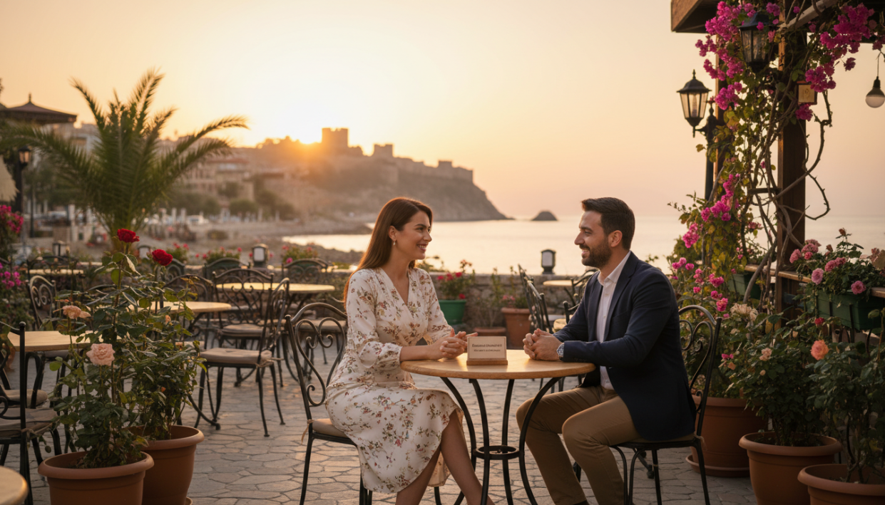A sophisticated and inviting scene set in Alanya, Mahmutlar. In the foreground, a elegantly dressed professional woman is engaging with a client, exuding confidence and warmth, showcasing the idea of a VIP service. She is wearing stylish yet modest attire suitable for a casual meeting, with a friendly smile. The middle ground features a vibrant outdoor café with delicate ornamental details, surrounded by lush greenery and colorful flowers, suggesting a relaxing atmosphere. In the background, the stunning silhouette of Alanya's coastline is visible under a warm, golden sunset, casting a soft glow across the scene. The lighting is ambient and inviting, creating a welcoming mood and atmosphere that enhances the feeling of exploration and professionalism associated with "mahmutlar escort." The composition is balanced with a focus on connection and discovery in this charming coastal town.