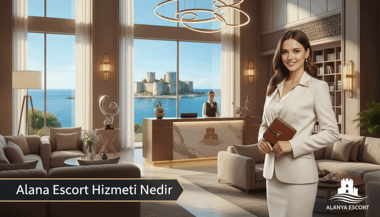 A sophisticated and serene scene depicting a professional Alanya escort service representation. In the foreground, a well-dressed woman in elegant business attire stands confidently, exuding professionalism and charm, with a friendly smile. She is positioned near a decorative, upscale hotel lobby adorned with soft lighting and modern decor. In the middle ground, a stylish reception area showcases a warm ambiance with neutral tones and inviting seating arrangements. In the background, picturesque views of Alanya's beautiful coastline are visible through large windows, bathed in natural sunlight. The scene radiates a calm and upscale atmosphere, emphasizing quality and reliability, ideal for illustrating the concept of "Alanya Escort Hizmeti Nedir." The image should focus on elegance and sophistication, avoiding any suggestive elements. Alanya escort logo subtly included in the design. A sophisticated and serene scene depicting a professional Alanya escort service representation. In the foreground, a well-dressed woman in elegant business attire stands confidently, exuding professionalism and charm, with a friendly smile. She is positioned near a decorative, upscale hotel lobby adorned with soft lighting and modern decor. In the middle ground, a stylish reception area showcases a warm ambiance with neutral tones and inviting seating arrangements. In the background, picturesque views of Alanya's beautiful coastline are visible through large windows, bathed in natural sunlight. The scene radiates a calm and upscale atmosphere, emphasizing quality and reliability, ideal for illustrating the concept of "Alanya Escort Hizmeti Nedir." The image should focus on elegance and sophistication, avoiding any suggestive elements. Alanya escort logo subtly included in the design.