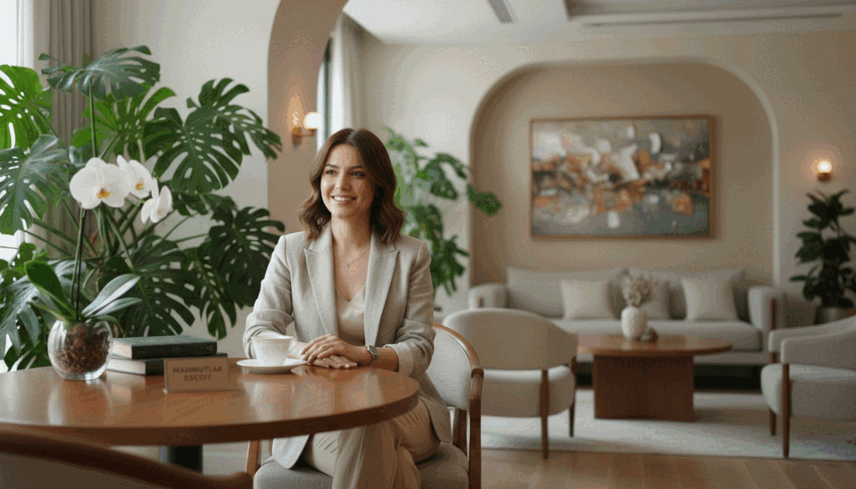 A sophisticated and serene setting in Alanya Mahmutlar, focusing on an inviting and elegant interior space, symbolizing trust and confidentiality. In the foreground, a stylish, professional-looking individual in modest casual attire sits at a well-decorated table, with a welcoming smile, conveying security and approachability. Soft, ambient lighting highlights the contours of the room, creating a warm atmosphere, while lush green plants and tasteful artwork can be seen in the background, enhancing the elegance of the environment. The composition captures a sense of comfort and discretion, essential for quality escort services, branded subtly as "mahmutlar escort". The angle is slightly overhead, offering a balanced view of both the individual and the inviting decor, enveloping the scene in a safe and respectful aura. A sophisticated and serene setting in Alanya Mahmutlar, focusing on an inviting and elegant interior space, symbolizing trust and confidentiality. In the foreground, a stylish, professional-looking individual in modest casual attire sits at a well-decorated table, with a welcoming smile, conveying security and approachability. Soft, ambient lighting highlights the contours of the room, creating a warm atmosphere, while lush green plants and tasteful artwork can be seen in the background, enhancing the elegance of the environment. The composition captures a sense of comfort and discretion, essential for quality escort services, branded subtly as "mahmutlar escort". The angle is slightly overhead, offering a balanced view of both the individual and the inviting decor, enveloping the scene in a safe and respectful aura.