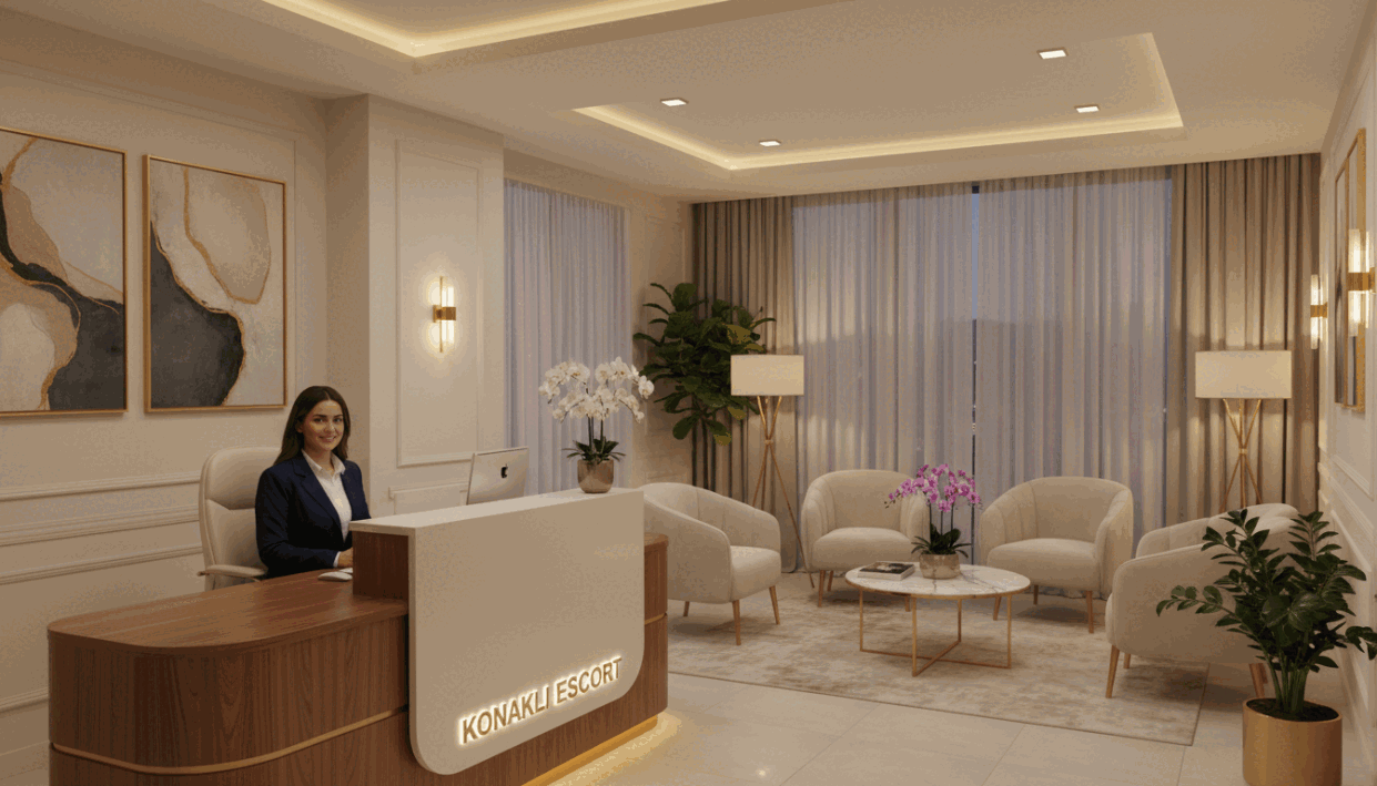 A sophisticated and welcoming interior of a modern office space, specifically designed for a professional escort agency named "konaklı escort". In the foreground, a stylish reception desk with a friendly receptionist in professional attire, smiling and ready to assist. The middle ground features plush seating areas with elegant decor, plants, and soft, ambient lighting creating a warm atmosphere. In the background, stylish artwork adorns the walls, and large windows allow natural light to filter in, enhancing the welcoming vibe. The color palette is a blend of soft neutrals and warm tones, conveying a sense of trust and professionalism. The overall mood is inviting and reassuring, perfect for clients seeking memorable experiences. A sophisticated and welcoming interior of a modern office space, specifically designed for a professional escort agency named "konaklı escort". In the foreground, a stylish reception desk with a friendly receptionist in professional attire, smiling and ready to assist. The middle ground features plush seating areas with elegant decor, plants, and soft, ambient lighting creating a warm atmosphere. In the background, stylish artwork adorns the walls, and large windows allow natural light to filter in, enhancing the welcoming vibe. The color palette is a blend of soft neutrals and warm tones, conveying a sense of trust and professionalism. The overall mood is inviting and reassuring, perfect for clients seeking memorable experiences.