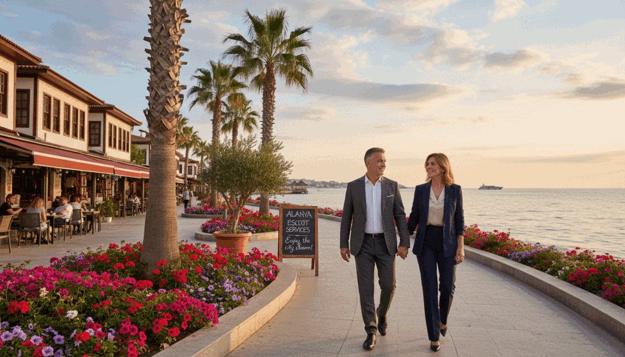 A sophisticated outdoor scene in Alanya featuring two elegantly dressed individuals engaged in leisurely activities. In the foreground, a middle-aged man and woman are casually strolling along a picturesque coastal pathway adorned with vibrant flowers and palm trees. They are both in professional business attire, exuding confidence and relaxation. In the middle ground, glimpses of nearby cafes and small shops create an inviting atmosphere that showcases the local culture. The background features the stunning Mediterranean Sea, with gentle waves and a clear blue sky, illuminated by warm golden sunlight. The overall mood is one of enjoyment and leisure, suggesting a fun, upscale experience in the beautiful city of Alanya. Include "alanya escort" subtly in the ambiance of the scene, capturing the essence of a pleasant outing. A sophisticated outdoor scene in Alanya featuring two elegantly dressed individuals engaged in leisurely activities. In the foreground, a middle-aged man and woman are casually strolling along a picturesque coastal pathway adorned with vibrant flowers and palm trees. They are both in professional business attire, exuding confidence and relaxation. In the middle ground, glimpses of nearby cafes and small shops create an inviting atmosphere that showcases the local culture. The background features the stunning Mediterranean Sea, with gentle waves and a clear blue sky, illuminated by warm golden sunlight. The overall mood is one of enjoyment and leisure, suggesting a fun, upscale experience in the beautiful city of Alanya. Include "alanya escort" subtly in the ambiance of the scene, capturing the essence of a pleasant outing.