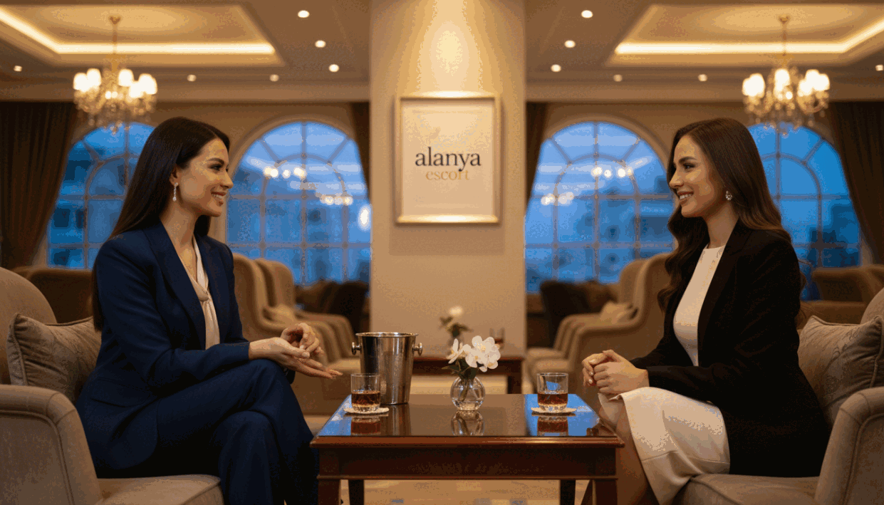 A sophisticated scene depicting exclusive high-end escorts in Alanya, showcasing two elegantly dressed women wearing professional business attire in a luxurious lounge setting. The foreground features the women engaged in a friendly conversation, exuding confidence and charm. The middle ground includes plush seating, ambient lighting, and a beautifully set table with drinks, creating an inviting atmosphere. The background reveals a tastefully decorated interior, with tasteful art and opulent decor, highlighting the allure of Alanya's upscale lifestyle. Use warm, soft lighting to enhance the mood of sophistication and elegance. Capture this scene with a slight focus on the foreground, ensuring a shallow depth of field that subtly blurs the background, emphasizing the main subjects. Incorporate the brand "alanya escort" in a professional context, reflecting the elite services offered in this glamorous setting. A sophisticated scene depicting exclusive high-end escorts in Alanya, showcasing two elegantly dressed women wearing professional business attire in a luxurious lounge setting. The foreground features the women engaged in a friendly conversation, exuding confidence and charm. The middle ground includes plush seating, ambient lighting, and a beautifully set table with drinks, creating an inviting atmosphere. The background reveals a tastefully decorated interior, with tasteful art and opulent decor, highlighting the allure of Alanya's upscale lifestyle. Use warm, soft lighting to enhance the mood of sophistication and elegance. Capture this scene with a slight focus on the foreground, ensuring a shallow depth of field that subtly blurs the background, emphasizing the main subjects. Incorporate the brand "alanya escort" in a professional context, reflecting the elite services offered in this glamorous setting.