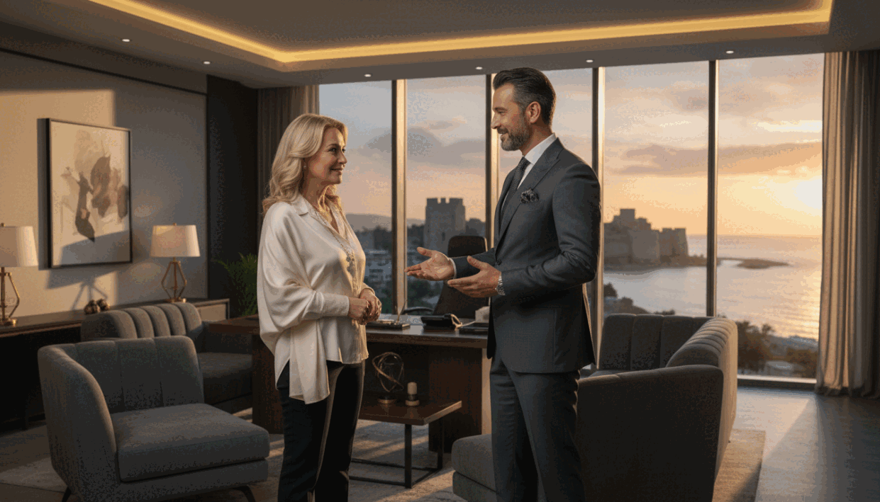 A sophisticated scene depicting the professionalism of mature escort services, ideal for an article on Alanya escort services. In the foreground, a well-dressed individual in business attire, exuding confidence and poise, stands with an inviting smile. The individual is engaged in a conversation with a client, who is dressed in smart casual attire, showcasing a warm and respectful interaction. In the middle background, a tastefully arranged modern office space with elegant furnishings and soft lighting sets a professional tone. Large windows reveal a glimpse of Alanya’s beautiful coastline, bathed in golden sunset light. The mood is warm, inviting, and respectful, highlighting discretion and sophistication. The image should reflect the essence of "alanya escort" services without any inappropriate content. A sophisticated scene depicting the professionalism of mature escort services, ideal for an article on Alanya escort services. In the foreground, a well-dressed individual in business attire, exuding confidence and poise, stands with an inviting smile. The individual is engaged in a conversation with a client, who is dressed in smart casual attire, showcasing a warm and respectful interaction. In the middle background, a tastefully arranged modern office space with elegant furnishings and soft lighting sets a professional tone. Large windows reveal a glimpse of Alanya’s beautiful coastline, bathed in golden sunset light. The mood is warm, inviting, and respectful, highlighting discretion and sophistication. The image should reflect the essence of "alanya escort" services without any inappropriate content.