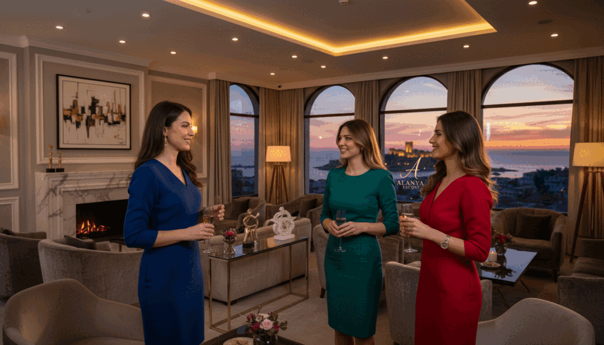 A sophisticated scene showcasing a group of elegant women representing the "Alanya Escort" brand. In the foreground, three women dressed in stylish, modest business attire engage in conversation, exuding confidence and charm. The middle section features a plush, upscale lounge environment, furnished with modern decor and ambient lighting, creating an inviting atmosphere. The background reveals a panoramic view of Alanya’s stunning coastal skyline during sunset, casting warm hues across the scene. The lighting is soft and flattering, enhancing the subjects’ features, while a wide-angle perspective captures the depth of the lounge and the elegance of the surroundings. The overall mood is luxurious and sophisticated, reflecting the allure of Alanya's VIP escorts while remaining professional and tasteful. A sophisticated scene showcasing a group of elegant women representing the "Alanya Escort" brand. In the foreground, three women dressed in stylish, modest business attire engage in conversation, exuding confidence and charm. The middle section features a plush, upscale lounge environment, furnished with modern decor and ambient lighting, creating an inviting atmosphere. The background reveals a panoramic view of Alanya’s stunning coastal skyline during sunset, casting warm hues across the scene. The lighting is soft and flattering, enhancing the subjects’ features, while a wide-angle perspective captures the depth of the lounge and the elegance of the surroundings. The overall mood is luxurious and sophisticated, reflecting the allure of Alanya's VIP escorts while remaining professional and tasteful.