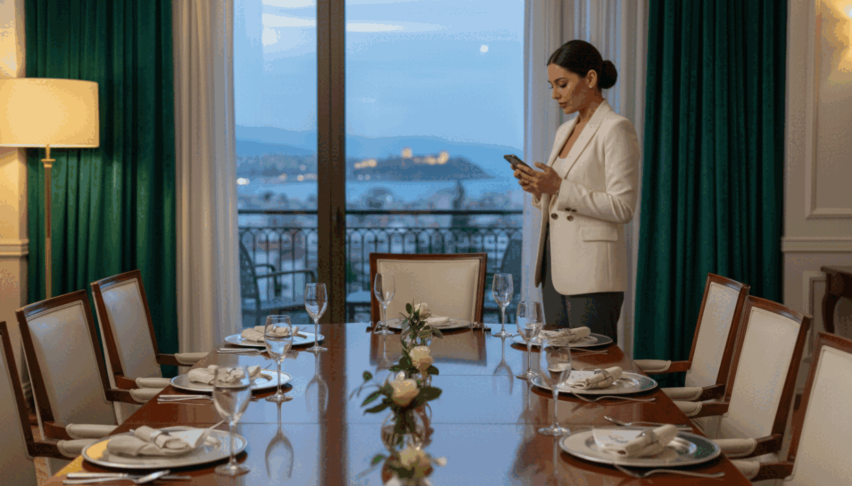 A sophisticated setting featuring a beautifully arranged table for an elegant meeting in a luxurious hotel room. In the foreground, a polished wooden table adorned with tasteful decorations, fine dining utensils, and a small vase of fresh flowers. In the middle ground, a well-dressed woman in professional business attire exudes confidence as she prepares for the meeting, examining an itinerary on her phone. The background showcases soft, ambient lighting that creates a warm and inviting atmosphere, with draped curtains revealing a scenic view of Alanya. A focus on the concept of preparation and professionalism, capturing the essence of "konaklı escort" in an elegant, refined manner. The image conveys a feeling of anticipation and elegance, perfect for the professional setting. A sophisticated setting featuring a beautifully arranged table for an elegant meeting in a luxurious hotel room. In the foreground, a polished wooden table adorned with tasteful decorations, fine dining utensils, and a small vase of fresh flowers. In the middle ground, a well-dressed woman in professional business attire exudes confidence as she prepares for the meeting, examining an itinerary on her phone. The background showcases soft, ambient lighting that creates a warm and inviting atmosphere, with draped curtains revealing a scenic view of Alanya. A focus on the concept of preparation and professionalism, capturing the essence of "konaklı escort" in an elegant, refined manner. The image conveys a feeling of anticipation and elegance, perfect for the professional setting.