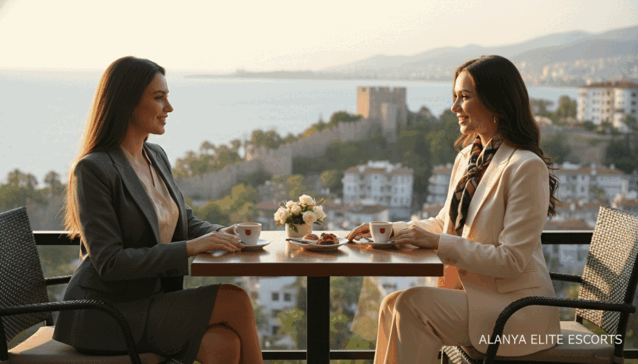 A sophisticated setting featuring two professional Russian escorts, elegantly dressed in stylish business attire, engaged in a friendly conversation. The foreground showcases them seated at a chic outdoor café table adorned with tasteful decorations, emphasizing a relaxed yet upscale atmosphere. In the middle ground, a vibrant view of Alanya's iconic architecture and lush greenery enhances the backdrop. Soft, warm lighting casts a gentle glow, creating an inviting ambiance. The scene is framed with a shallow depth of field, focusing on the subjects while blurring the background slightly. The overall mood is classy and professional, epitomizing the high-quality time offered by "alanya escort" services, evoking sophistication and elegance without any explicit content. A sophisticated setting featuring two professional Russian escorts, elegantly dressed in stylish business attire, engaged in a friendly conversation. The foreground showcases them seated at a chic outdoor café table adorned with tasteful decorations, emphasizing a relaxed yet upscale atmosphere. In the middle ground, a vibrant view of Alanya's iconic architecture and lush greenery enhances the backdrop. Soft, warm lighting casts a gentle glow, creating an inviting ambiance. The scene is framed with a shallow depth of field, focusing on the subjects while blurring the background slightly. The overall mood is classy and professional, epitomizing the high-quality time offered by "alanya escort" services, evoking sophistication and elegance without any explicit content.