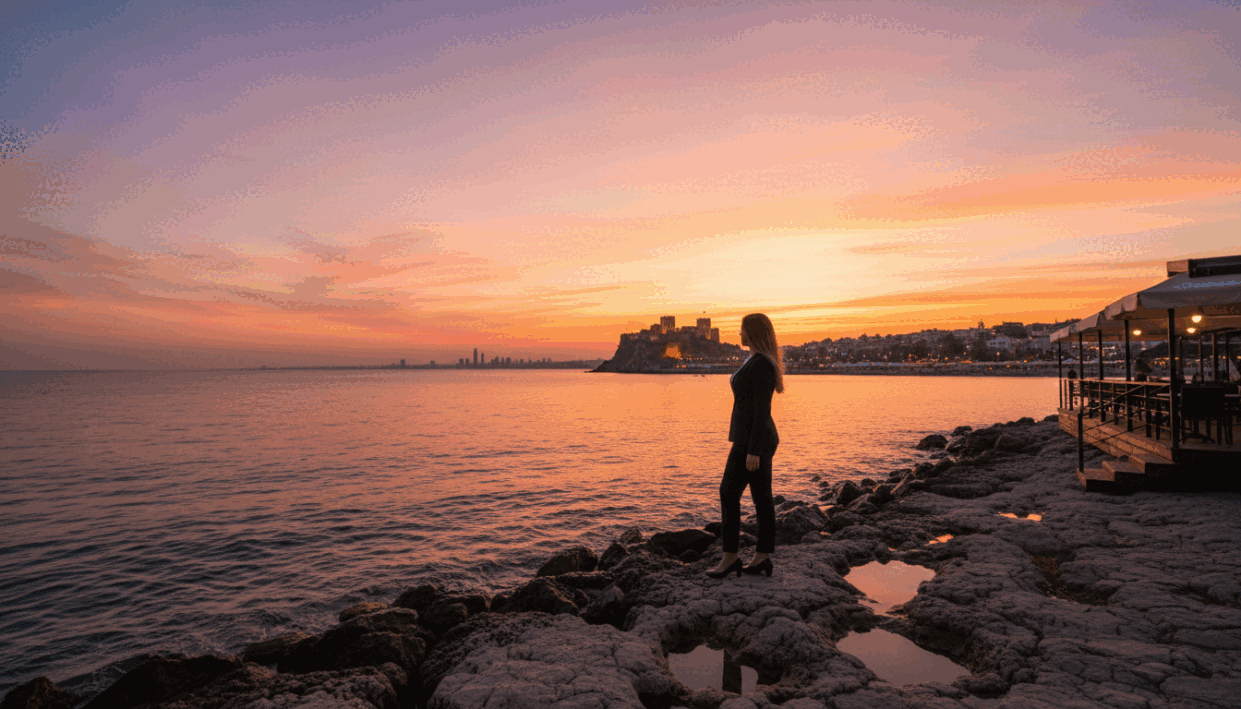 A stunning sunset over Alanya, Turkey, showcasing vibrant orange, pink, and purple hues reflecting on the calm Mediterranean sea. In the foreground, a picturesque rocky shoreline with gentle waves lapping against the stones. A silhouette of a woman in professional attire stands on the edge of the shore, gazing at the horizon, embodying elegance and tranquility, representative of the luxury and security offered by "alanya escort." In the middle ground, quaint seaside cafes with softly lit outdoor seating create a warm and inviting atmosphere. In the background, the iconic Alanya Castle perched on a cliff bathed in sunset light. The composition captures a serene, enchanting moment, with soft, warm lighting emphasizing the peaceful ambiance and beauty of this captivating coastal experience. A stunning sunset over Alanya, Turkey, showcasing vibrant orange, pink, and purple hues reflecting on the calm Mediterranean sea. In the foreground, a picturesque rocky shoreline with gentle waves lapping against the stones. A silhouette of a woman in professional attire stands on the edge of the shore, gazing at the horizon, embodying elegance and tranquility, representative of the luxury and security offered by "alanya escort." In the middle ground, quaint seaside cafes with softly lit outdoor seating create a warm and inviting atmosphere. In the background, the iconic Alanya Castle perched on a cliff bathed in sunset light. The composition captures a serene, enchanting moment, with soft, warm lighting emphasizing the peaceful ambiance and beauty of this captivating coastal experience.