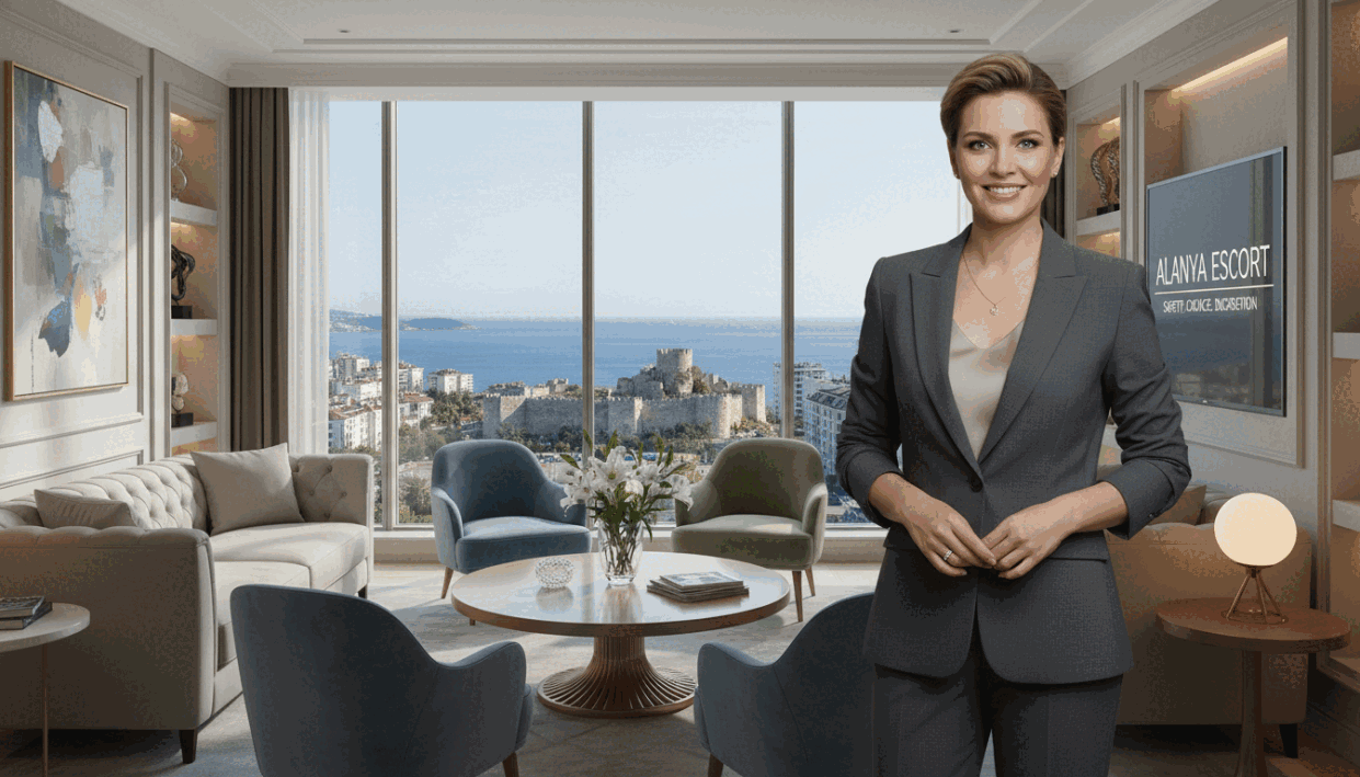 A stylish and elegant scene depicting a professional business setting in Alanya, reflecting the theme of safe and secure escort services. In the foreground, a confident woman dressed in a sophisticated business attire stands with a welcoming smile, exuding professionalism and trustworthiness. In the middle ground, a plush lounge area features tasteful decor, comfortable seating, and soft lighting that creates a warm atmosphere. The background showcases a beautiful view of Alanya's skyline, with the Mediterranean Sea shimmering under a clear blue sky. The composition utilizes soft, natural lighting to enhance the inviting feel of the scene. The overall mood is friendly and reassuring, emphasizing the importance of safety and choices in the world of Alanya escort. Visual elements should suggest a safe, appealing environment for potential clients. A stylish and elegant scene depicting a professional business setting in Alanya, reflecting the theme of safe and secure escort services. In the foreground, a confident woman dressed in a sophisticated business attire stands with a welcoming smile, exuding professionalism and trustworthiness. In the middle ground, a plush lounge area features tasteful decor, comfortable seating, and soft lighting that creates a warm atmosphere. The background showcases a beautiful view of Alanya's skyline, with the Mediterranean Sea shimmering under a clear blue sky. The composition utilizes soft, natural lighting to enhance the inviting feel of the scene. The overall mood is friendly and reassuring, emphasizing the importance of safety and choices in the world of Alanya escort. Visual elements should suggest a safe, appealing environment for potential clients.