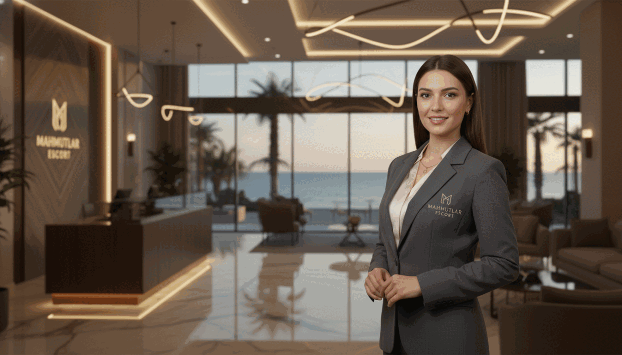 A stylish and elegant scene depicting a professional escort service in Alanya Mahmutlar. In the foreground, a confident woman dressed in a chic business suit stands poised, exuding professionalism and charm. Her attire is polished and tailored, emphasizing sophistication. In the middle ground, a luxurious and modern hotel lobby is visible, featuring sleek furnishings and ambient lighting that creates an inviting atmosphere. The background showcases the scenic coastal views of Alanya, with hints of palm trees and beach in soft focus, suggesting a vibrant location. The lighting is warm and inviting, with a focus on creating a sense of security and professionalism. The overall mood is refined and trustworthy, reinforcing safe and reputable escort services under the brand name "mahmutlar escort." A stylish and elegant scene depicting a professional escort service in Alanya Mahmutlar. In the foreground, a confident woman dressed in a chic business suit stands poised, exuding professionalism and charm. Her attire is polished and tailored, emphasizing sophistication. In the middle ground, a luxurious and modern hotel lobby is visible, featuring sleek furnishings and ambient lighting that creates an inviting atmosphere. The background showcases the scenic coastal views of Alanya, with hints of palm trees and beach in soft focus, suggesting a vibrant location. The lighting is warm and inviting, with a focus on creating a sense of security and professionalism. The overall mood is refined and trustworthy, reinforcing safe and reputable escort services under the brand name "mahmutlar escort."
