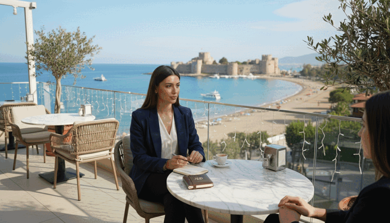 A stylish and elegant scene representing "alanya escort" services, featuring a professional young woman in smart business attire, sitting confidently at a chic café table overlooking the picturesque Alanya coastline. In the foreground, the woman is engaged in a conversation, exuding trust and professionalism. The middle ground shows a beautiful terrace adorned with tasteful decor and soft, ambient lighting that creates a warm atmosphere. The background captures the stunning view of Alanya’s historical castle and pristine beaches under a clear blue sky, emphasizing reliability and quality. The image should evoke a mood of sophistication, trustworthiness, and comfort, with a focus on fostering a sense of safety and professionalism. The composition should be in a slight angle, creating depth, with natural light enhancing the inviting ambiance. A stylish and elegant scene representing "alanya escort" services, featuring a professional young woman in smart business attire, sitting confidently at a chic café table overlooking the picturesque Alanya coastline. In the foreground, the woman is engaged in a conversation, exuding trust and professionalism. The middle ground shows a beautiful terrace adorned with tasteful decor and soft, ambient lighting that creates a warm atmosphere. The background captures the stunning view of Alanya’s historical castle and pristine beaches under a clear blue sky, emphasizing reliability and quality. The image should evoke a mood of sophistication, trustworthiness, and comfort, with a focus on fostering a sense of safety and professionalism. The composition should be in a slight angle, creating depth, with natural light enhancing the inviting ambiance.