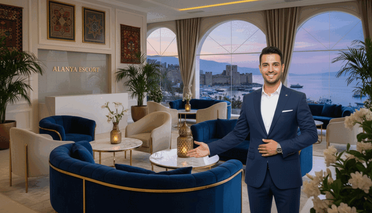 A stylish and inviting scene depicting a professional escort service set in Alanya. In the foreground, a well-dressed individual in business attire, with a friendly and welcoming demeanor, smiles and gestures towards a beautifully decorated lounge area. The middle ground features a chic seating arrangement with elegant furnishings, soft lighting that creates a warm atmosphere, and tasteful decor elements inspired by Alanya's rich culture. In the background, a glimpse of a picturesque coastal view through large windows enhances the glamour of the setting. The overall mood is sophisticated and upscale, reflecting the high-quality nature of "alanya escort" services. Capture this scene with a soft focus lens to convey an inviting and warm ambiance, ensuring that human subjects are portrayed in a professional manner. A stylish and inviting scene depicting a professional escort service set in Alanya. In the foreground, a well-dressed individual in business attire, with a friendly and welcoming demeanor, smiles and gestures towards a beautifully decorated lounge area. The middle ground features a chic seating arrangement with elegant furnishings, soft lighting that creates a warm atmosphere, and tasteful decor elements inspired by Alanya's rich culture. In the background, a glimpse of a picturesque coastal view through large windows enhances the glamour of the setting. The overall mood is sophisticated and upscale, reflecting the high-quality nature of "alanya escort" services. Capture this scene with a soft focus lens to convey an inviting and warm ambiance, ensuring that human subjects are portrayed in a professional manner.