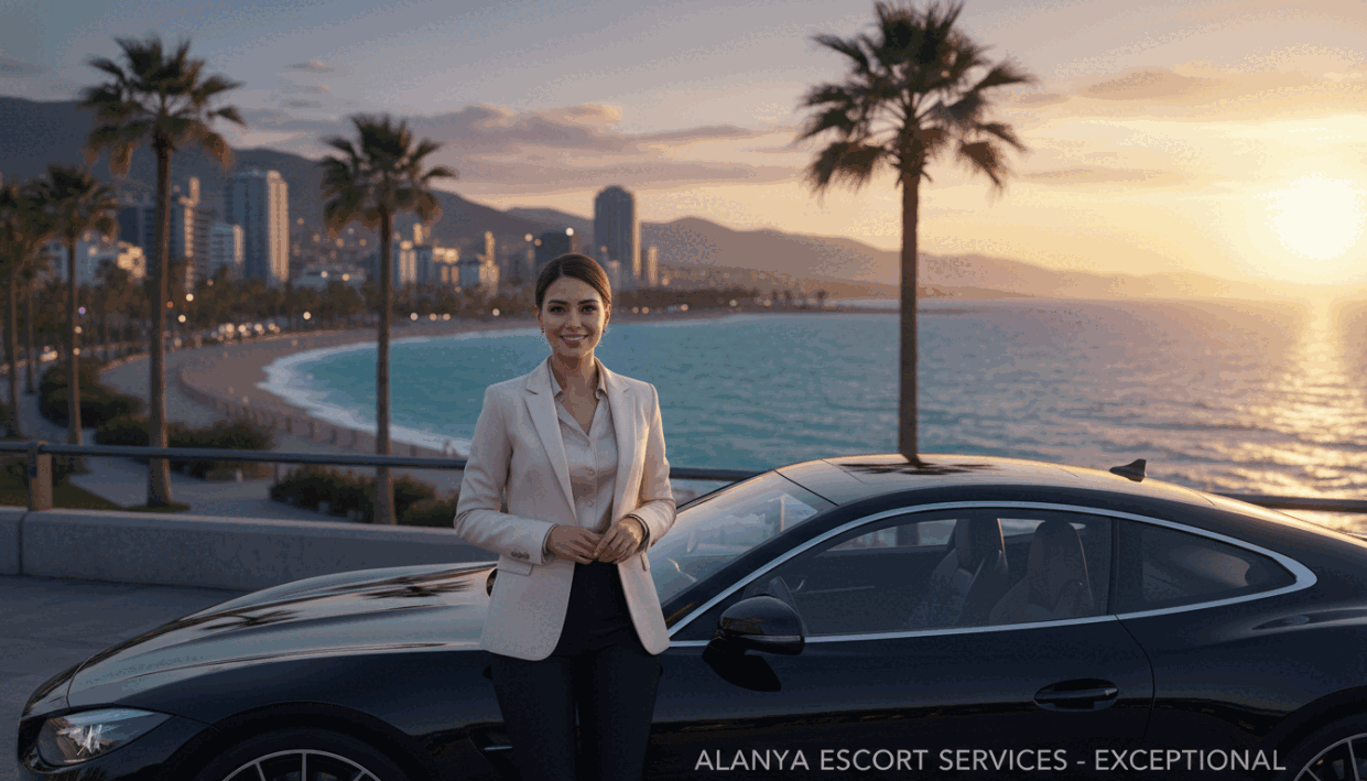 A stylish and modern Alanya cityscape in the background, showcasing the beautiful coastline, with palm trees swaying gently in the breeze. In the foreground, a professional female model in elegant business attire, exuding confidence and charm, representing the Alanya escort services. She stands beside a luxurious car, casting a welcoming smile. The middle section features soft sunlight filtering through, creating a warm and inviting atmosphere. Capture the scene with a slightly elevated angle to include the vibrant colors of the sunset reflecting on the ocean. The overall mood is sophisticated yet approachable, focusing on the high-quality service and trustworthiness associated with "alanya escort" options. Ensure a clean and polished look without any provocative elements. A stylish and modern Alanya cityscape in the background, showcasing the beautiful coastline, with palm trees swaying gently in the breeze. In the foreground, a professional female model in elegant business attire, exuding confidence and charm, representing the Alanya escort services. She stands beside a luxurious car, casting a welcoming smile. The middle section features soft sunlight filtering through, creating a warm and inviting atmosphere. Capture the scene with a slightly elevated angle to include the vibrant colors of the sunset reflecting on the ocean. The overall mood is sophisticated yet approachable, focusing on the high-quality service and trustworthiness associated with "alanya escort" options. Ensure a clean and polished look without any provocative elements.