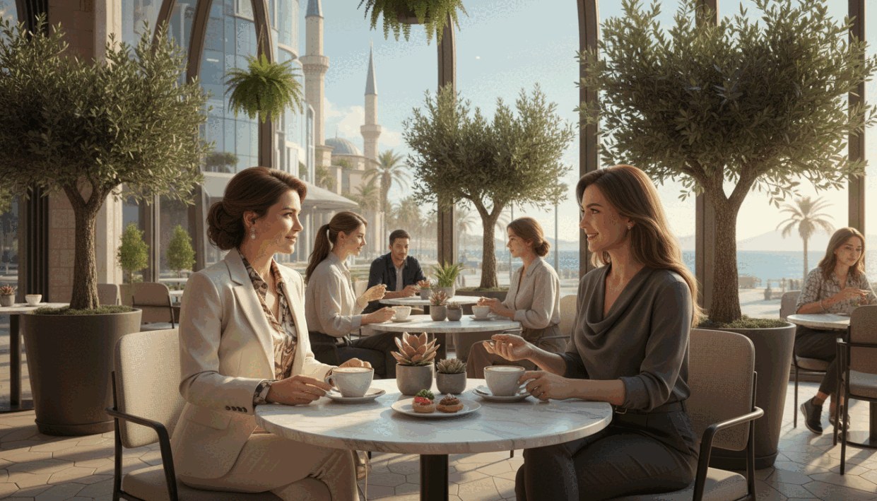 A stylish and modern cafe setting in Alanya, showcasing two women engaged in a friendly conversation over coffee. The foreground features the women dressed in professional attire, one in a smart blazer, the other in a sleek blouse, both with friendly expressions and eye contact, emphasizing good communication. In the middle ground, the tables have lively plants and light refreshments, creating an inviting atmosphere. The background captures the charming Alanya architecture with palm trees and sunny weather, highlighting a relaxed seaside vibe. Soft, warm lighting enhances the pleasant mood, and the scene is captured from a slight angle, creating depth and intimacy in the interaction. The overall feeling is welcoming, professional, and comfortable, illustrating a positive social exchange. A stylish and modern cafe setting in Alanya, showcasing two women engaged in a friendly conversation over coffee. The foreground features the women dressed in professional attire, one in a smart blazer, the other in a sleek blouse, both with friendly expressions and eye contact, emphasizing good communication. In the middle ground, the tables have lively plants and light refreshments, creating an inviting atmosphere. The background captures the charming Alanya architecture with palm trees and sunny weather, highlighting a relaxed seaside vibe. Soft, warm lighting enhances the pleasant mood, and the scene is captured from a slight angle, creating depth and intimacy in the interaction. The overall feeling is welcoming, professional, and comfortable, illustrating a positive social exchange.