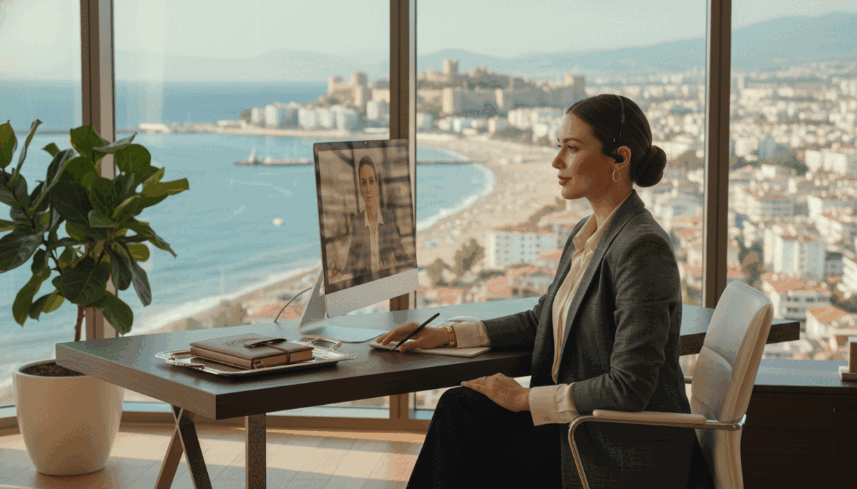 A stylish and sophisticated scene depicting a glamorous office environment representing "alanya escort". In the foreground, a professional woman in elegant business attire is seated at a modern desk, engaged in a video call, showcasing professionalism and poise. In the middle, there are tasteful decorative elements such as a potted plant and an appointment book, hinting at the high-end services offered. The background features a large window revealing a sunlit view of Alanya's coastline and vibrant cityscape, suggesting a luxurious lifestyle. Soft, warm lighting creates an inviting atmosphere, while the composition is framed with a slight depth of field, focusing on the subject and giving a sense of exclusivity and sophistication to the scene. A stylish and sophisticated scene depicting a glamorous office environment representing "alanya escort". In the foreground, a professional woman in elegant business attire is seated at a modern desk, engaged in a video call, showcasing professionalism and poise. In the middle, there are tasteful decorative elements such as a potted plant and an appointment book, hinting at the high-end services offered. The background features a large window revealing a sunlit view of Alanya's coastline and vibrant cityscape, suggesting a luxurious lifestyle. Soft, warm lighting creates an inviting atmosphere, while the composition is framed with a slight depth of field, focusing on the subject and giving a sense of exclusivity and sophistication to the scene.