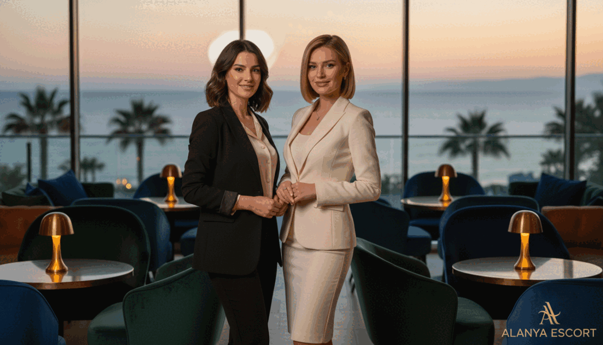 A stylish and sophisticated scene showcasing two women representing the brand "alanya escort." In the foreground, they are dressed in elegant business attire, exuding professionalism and charm. One woman has shoulder-length dark hair, while the other sports a sleek bob. The middle of the image captures a luxurious lounge setting, adorned with plush seating and soft ambient lighting that creates a warm atmosphere. In the background, softly blurred beach views of Alanya complete the picture, hinting at a vibrant sunset with shades of orange and pink. The overall mood is one of relaxation and elegance, inviting the viewer to imagine the memorable experiences shared in this enchanting location, captured from a slightly elevated angle to emphasize the inviting ambiance. A stylish and sophisticated scene showcasing two women representing the brand "alanya escort." In the foreground, they are dressed in elegant business attire, exuding professionalism and charm. One woman has shoulder-length dark hair, while the other sports a sleek bob. The middle of the image captures a luxurious lounge setting, adorned with plush seating and soft ambient lighting that creates a warm atmosphere. In the background, softly blurred beach views of Alanya complete the picture, hinting at a vibrant sunset with shades of orange and pink. The overall mood is one of relaxation and elegance, inviting the viewer to imagine the memorable experiences shared in this enchanting location, captured from a slightly elevated angle to emphasize the inviting ambiance.