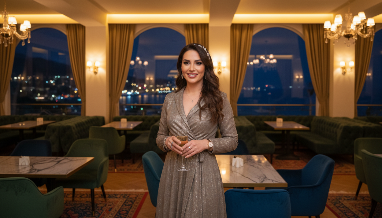 A stylish and upscale scene depicting an elegant nightlife setting in Mahmutlar, featuring a well-dressed professional woman in a sophisticated outfit, exuding confidence and charm. She is standing in a luxurious lounge, highlighted by soft golden ambient lighting that reflects off stylish furniture and rich decor. In the background, a glimpse of the vibrant Mediterranean coastline can be seen through large windows, adding depth to the scene. The mood is inviting and classy, suggesting exclusivity and high-end services. Capture this atmosphere with a 35mm lens for a warm, intimate perspective, emphasizing the allure of mahmutlar escort services in a tasteful and refined manner, avoiding any suggestive or inappropriate elements.