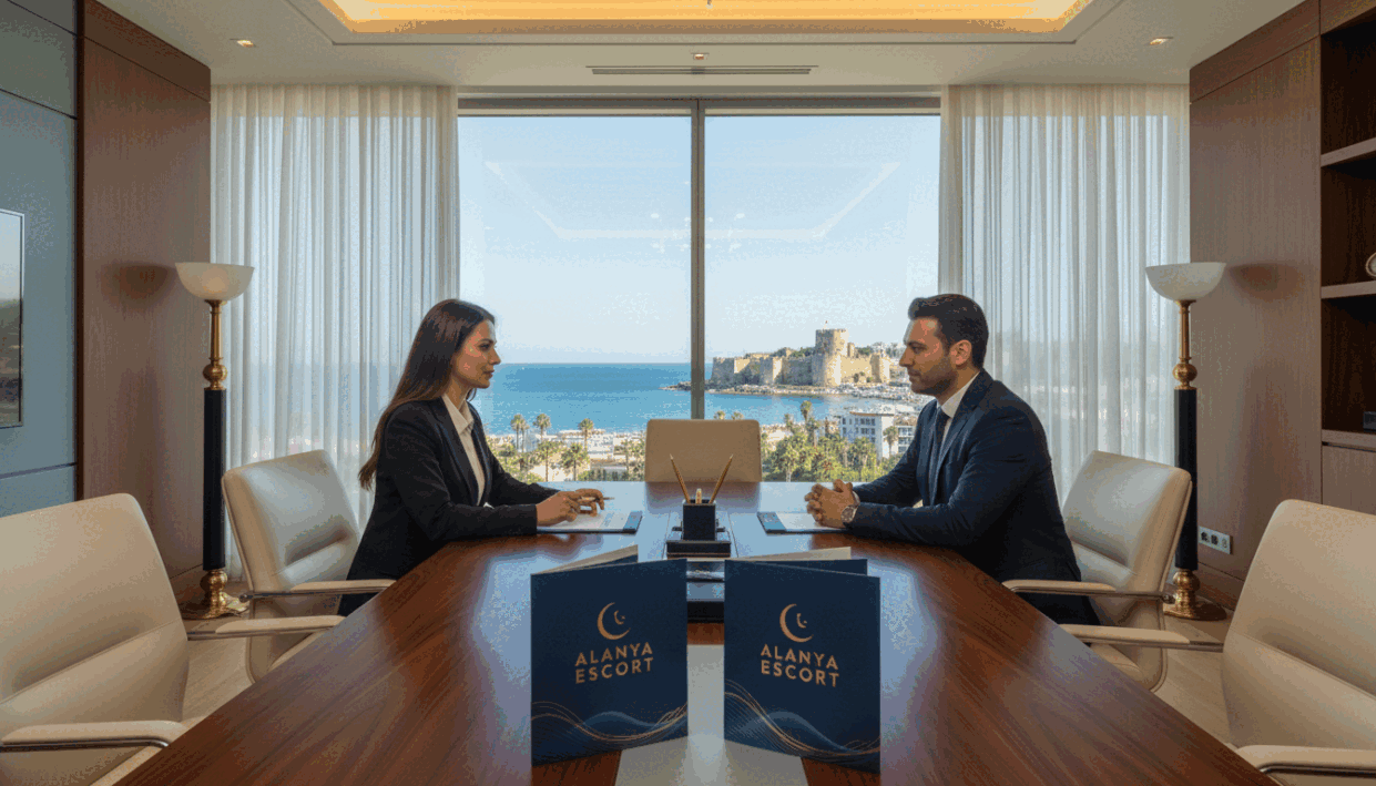 A stylish, elegant scene depicting a professional advisory setting for individuals seeking guidance on selecting an escort in Alanya. In the foreground, a neatly arranged table with brochures about escort services, featuring the brand name "alanya escort". Surrounding the table are two individuals dressed in professional business attire, discussing the guidelines thoughtfully. The middle ground shows a tasteful display of the coastal city of Alanya, with its stunning Mediterranean backdrop visible through a large window, enhancing the atmosphere. The background features soft, warm lighting, creating an inviting ambiance. The scene conveys sophistication and trust, with a focus on professionalism in the escort selection process. The image composition captures a balanced, clear view without any distractions or additional text elements. A stylish, elegant scene depicting a professional advisory setting for individuals seeking guidance on selecting an escort in Alanya. In the foreground, a neatly arranged table with brochures about escort services, featuring the brand name "alanya escort". Surrounding the table are two individuals dressed in professional business attire, discussing the guidelines thoughtfully. The middle ground shows a tasteful display of the coastal city of Alanya, with its stunning Mediterranean backdrop visible through a large window, enhancing the atmosphere. The background features soft, warm lighting, creating an inviting ambiance. The scene conveys sophistication and trust, with a focus on professionalism in the escort selection process. The image composition captures a balanced, clear view without any distractions or additional text elements.