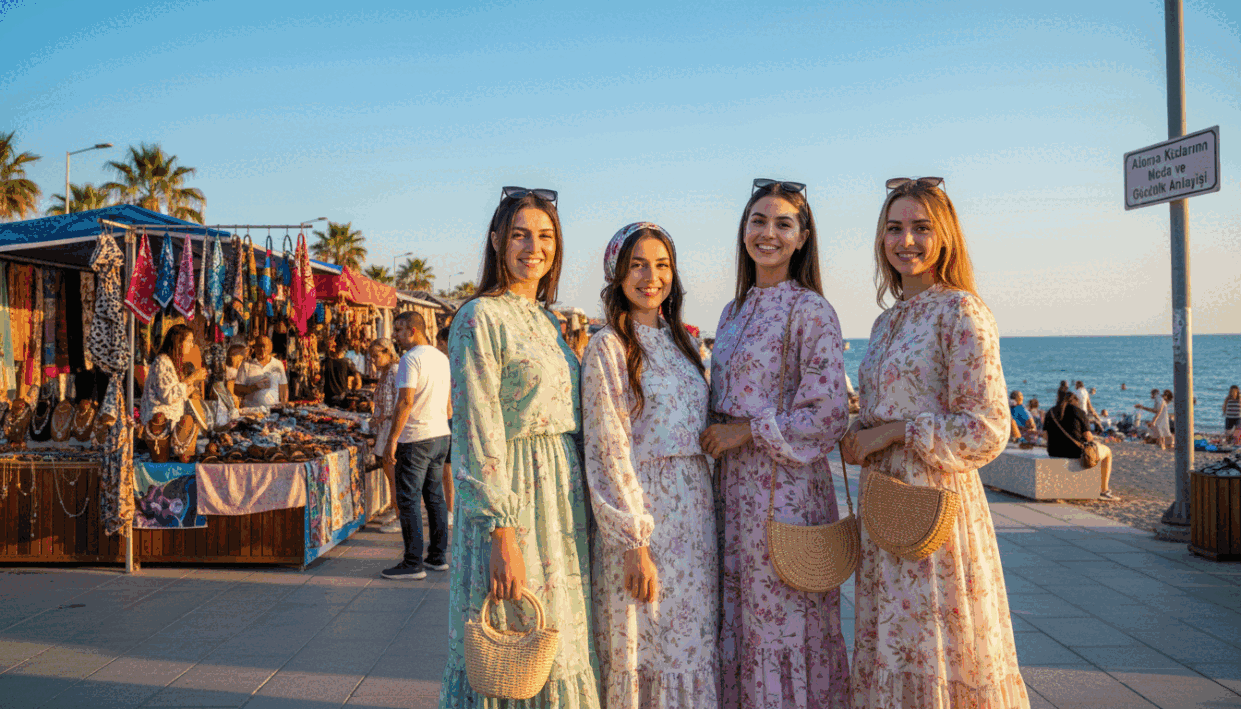 A stylish group of young women embodying Alanya's fashion and beauty trends, standing confidently on a picturesque coastal promenade. In the foreground, they are dressed in chic, modest summer outfits featuring floral prints and pastel colors, showcasing a blend of Turkish and contemporary fashion. The middle ground captures a vibrant market scene with local boutiques displaying colorful fabrics and accessories, while the background features the stunning Mediterranean Sea under a bright blue sky. The warm lighting creates a welcoming atmosphere, emphasizing the joy and energy of the moment. Use a shallow depth of field to focus on the women, with a slight tilt-angle to add dynamism, encapsulating the essence of "Alanya Kızlarının Moda ve Güzellik Anlayışı." A stylish group of young women embodying Alanya's fashion and beauty trends, standing confidently on a picturesque coastal promenade. In the foreground, they are dressed in chic, modest summer outfits featuring floral prints and pastel colors, showcasing a blend of Turkish and contemporary fashion. The middle ground captures a vibrant market scene with local boutiques displaying colorful fabrics and accessories, while the background features the stunning Mediterranean Sea under a bright blue sky. The warm lighting creates a welcoming atmosphere, emphasizing the joy and energy of the moment. Use a shallow depth of field to focus on the women, with a slight tilt-angle to add dynamism, encapsulating the essence of "Alanya Kızlarının Moda ve Güzellik Anlayışı."