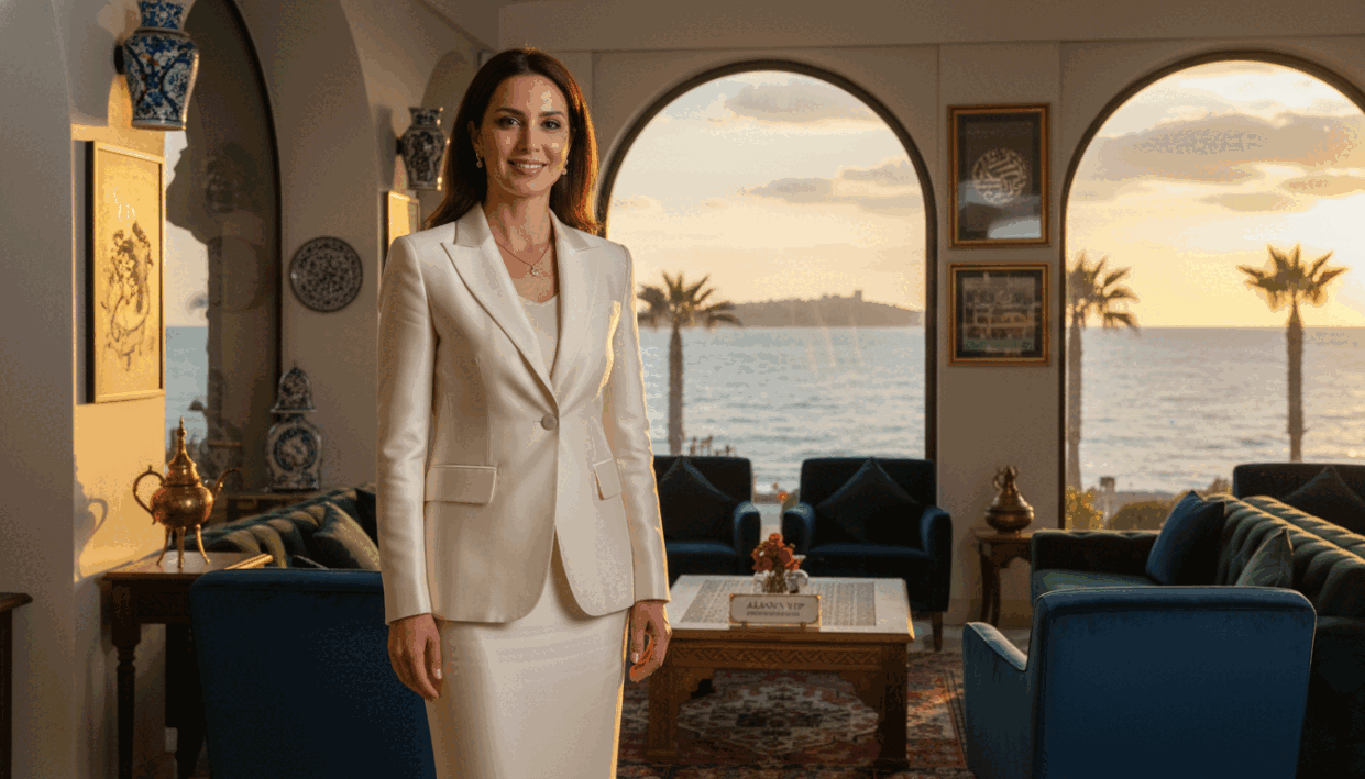 A stylish, professional setting in Alanya, showcasing a confident, elegant woman dressed in sophisticated business attire, embodying the concept of companionship and hospitality. In the foreground, she is standing gracefully, with a warm and welcoming smile, surrounded by soft, ambient lighting that highlights her features. The middle ground features a tastefully decorated lounge area, with rich furniture and touches of local culture, like traditional Turkish decor. The background captures a glimpse of Alanya’s beautiful coastline, with serene sea waves reflecting the sunset, creating a tranquil atmosphere. The overall mood is inviting and classy, illustrating the essence of "alanya escort" while emphasizing respect and professionalism in the experience. A stylish, professional setting in Alanya, showcasing a confident, elegant woman dressed in sophisticated business attire, embodying the concept of companionship and hospitality. In the foreground, she is standing gracefully, with a warm and welcoming smile, surrounded by soft, ambient lighting that highlights her features. The middle ground features a tastefully decorated lounge area, with rich furniture and touches of local culture, like traditional Turkish decor. The background captures a glimpse of Alanya’s beautiful coastline, with serene sea waves reflecting the sunset, creating a tranquil atmosphere. The overall mood is inviting and classy, illustrating the essence of "alanya escort" while emphasizing respect and professionalism in the experience.