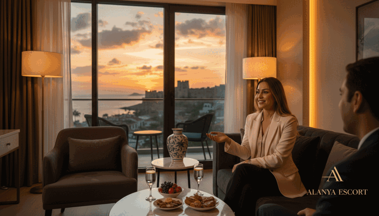 A stylish, upscale hotel room in Alanya, elegantly decorated with soft, ambient lighting creating a warm and inviting atmosphere. In the foreground, a well-dressed professional woman in modest business attire is seated comfortably on a plush sofa, engaging in a friendly conversation, embodying professionalism and elegance. The middle ground features a small table with refreshments, adding a touch of hospitality. In the background, a large window reveals a scenic view of Alanya’s famous coastline, accentuated by the golden hues of sunset. The overall mood is relaxed and sophisticated, showcasing the advantages of utilizing high-quality escort services, emphasizing comfort and ease. A subtle logo for "alanya escort" is discreetly placed on a decorative item in the room, maintaining a professional tone throughout the image. A stylish, upscale hotel room in Alanya, elegantly decorated with soft, ambient lighting creating a warm and inviting atmosphere. In the foreground, a well-dressed professional woman in modest business attire is seated comfortably on a plush sofa, engaging in a friendly conversation, embodying professionalism and elegance. The middle ground features a small table with refreshments, adding a touch of hospitality. In the background, a large window reveals a scenic view of Alanya’s famous coastline, accentuated by the golden hues of sunset. The overall mood is relaxed and sophisticated, showcasing the advantages of utilizing high-quality escort services, emphasizing comfort and ease. A subtle logo for "alanya escort" is discreetly placed on a decorative item in the room, maintaining a professional tone throughout the image.