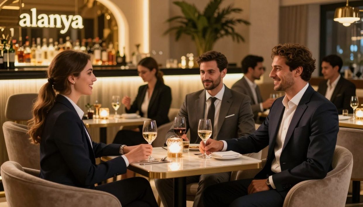 A stylish, upscale lounge in Alanya featuring a group of sophisticated professionals engaged in friendly conversation. In the foreground, a well-dressed man and woman are seated at an elegant table, both in tailored suits, showcasing a welcoming demeanor. The middle ground reveals others enjoying the ambiance with drinks in hand, creating a lively yet sophisticated atmosphere. The background depicts a softly lit bar with high-end bottles, decorative plants, and a warm, inviting ambiance. Golden lighting casts a gentle glow over the scene, enhancing the luxurious feel. The overall mood is one of elegance and professionalism, capturing the essence of "alanya escort" services without any inappropriate elements. A stylish, upscale lounge in Alanya featuring a group of sophisticated professionals engaged in friendly conversation. In the foreground, a well-dressed man and woman are seated at an elegant table, both in tailored suits, showcasing a welcoming demeanor. The middle ground reveals others enjoying the ambiance with drinks in hand, creating a lively yet sophisticated atmosphere. The background depicts a softly lit bar with high-end bottles, decorative plants, and a warm, inviting ambiance. Golden lighting casts a gentle glow over the scene, enhancing the luxurious feel. The overall mood is one of elegance and professionalism, capturing the essence of "alanya escort" services without any inappropriate elements.