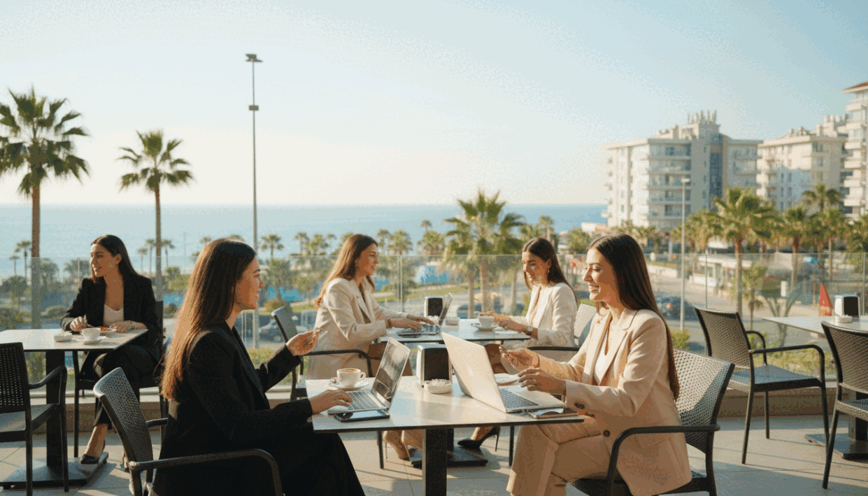 A stylish urban scene featuring a group of professional young women in smart business attire, exuding confidence and charisma, representing the concept of "mahmutlar escort." The foreground shows two women chatting at a chic café terrace, laptops and phones in hand, engaged in lively discussion. In the middle ground, other individuals enjoy the ambiance, giving a sense of a vibrant community. The background displays a picturesque view of Mahmutlar’s coastline with lush palm trees and modern architecture under a bright, sunny sky. The atmosphere is energetic yet relaxed, emphasizing quality experiences in a professional context. Use soft, warm lighting to enhance the inviting mood, captured with a wide-angle lens to create depth. A stylish urban scene featuring a group of professional young women in smart business attire, exuding confidence and charisma, representing the concept of "mahmutlar escort." The foreground shows two women chatting at a chic café terrace, laptops and phones in hand, engaged in lively discussion. In the middle ground, other individuals enjoy the ambiance, giving a sense of a vibrant community. The background displays a picturesque view of Mahmutlar’s coastline with lush palm trees and modern architecture under a bright, sunny sky. The atmosphere is energetic yet relaxed, emphasizing quality experiences in a professional context. Use soft, warm lighting to enhance the inviting mood, captured with a wide-angle lens to create depth.